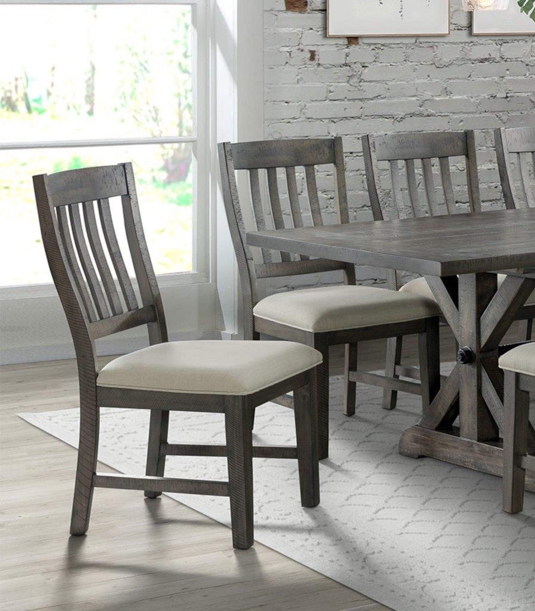 The appearance of Sunset Trading Trestle Slat Back Upholstered Dining Side Chair Set Of 2 Distressed Gray Wood designed by Sunset Trading in the modern / contemporary interior design. This gray piece of furniture  was selected by 1StopBedrooms from Trestle Collection to add a touch of cosiness and style into your home. Sku: ED-SK170SC-RTA. Material: Wood. Chair Type: Side Chair.