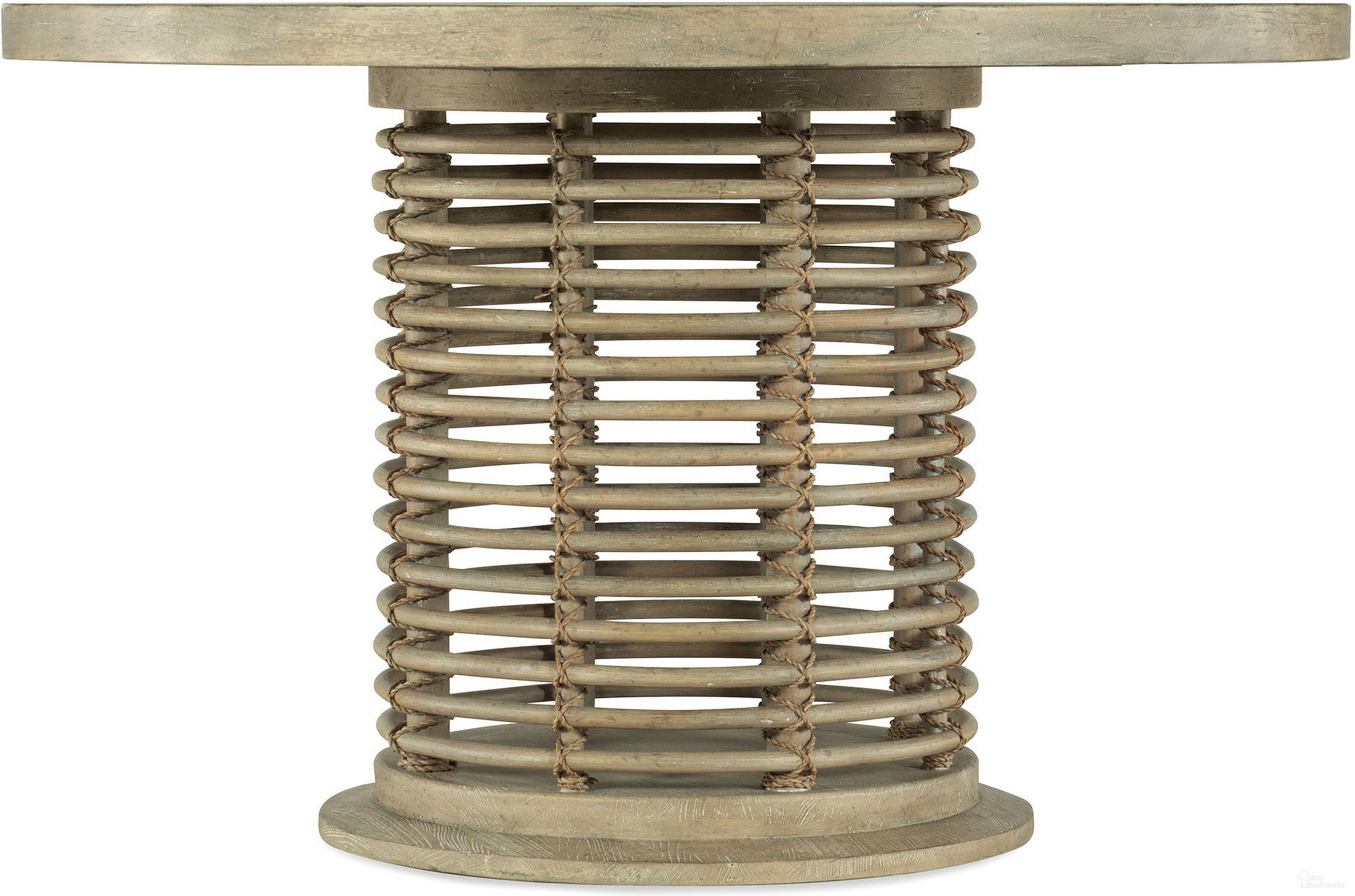 The appearance of Surfrider 48in Rattan Round Dining Table designed by Hooker in the transitional interior design. This light wood piece of furniture  was selected by 1StopBedrooms from Surfrider Collection to add a touch of cosiness and style into your home. Sku: 6015-75203B-80;6015-75203T-80. Table Base Style: Pedestal. Table Top Shape: Round. Size: 48". Material: Cane.