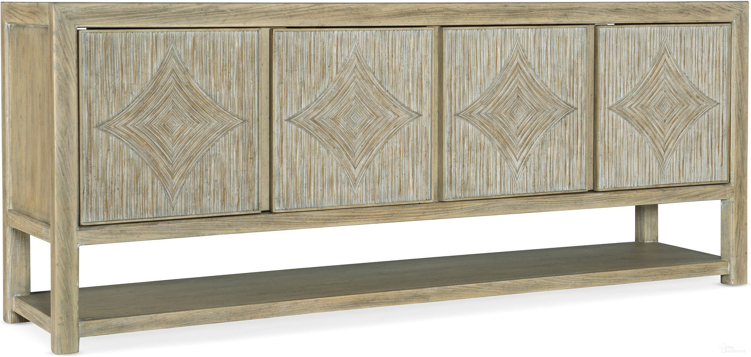 The appearance of Surfrider Entertainment Console designed by Hooker in the transitional interior design. This light wood piece of furniture was selected by 1StopBedrooms from Surfrider Collection to add a touch of cosiness and style into your home. Sku: 6015-55480-80. Material: Veneer.