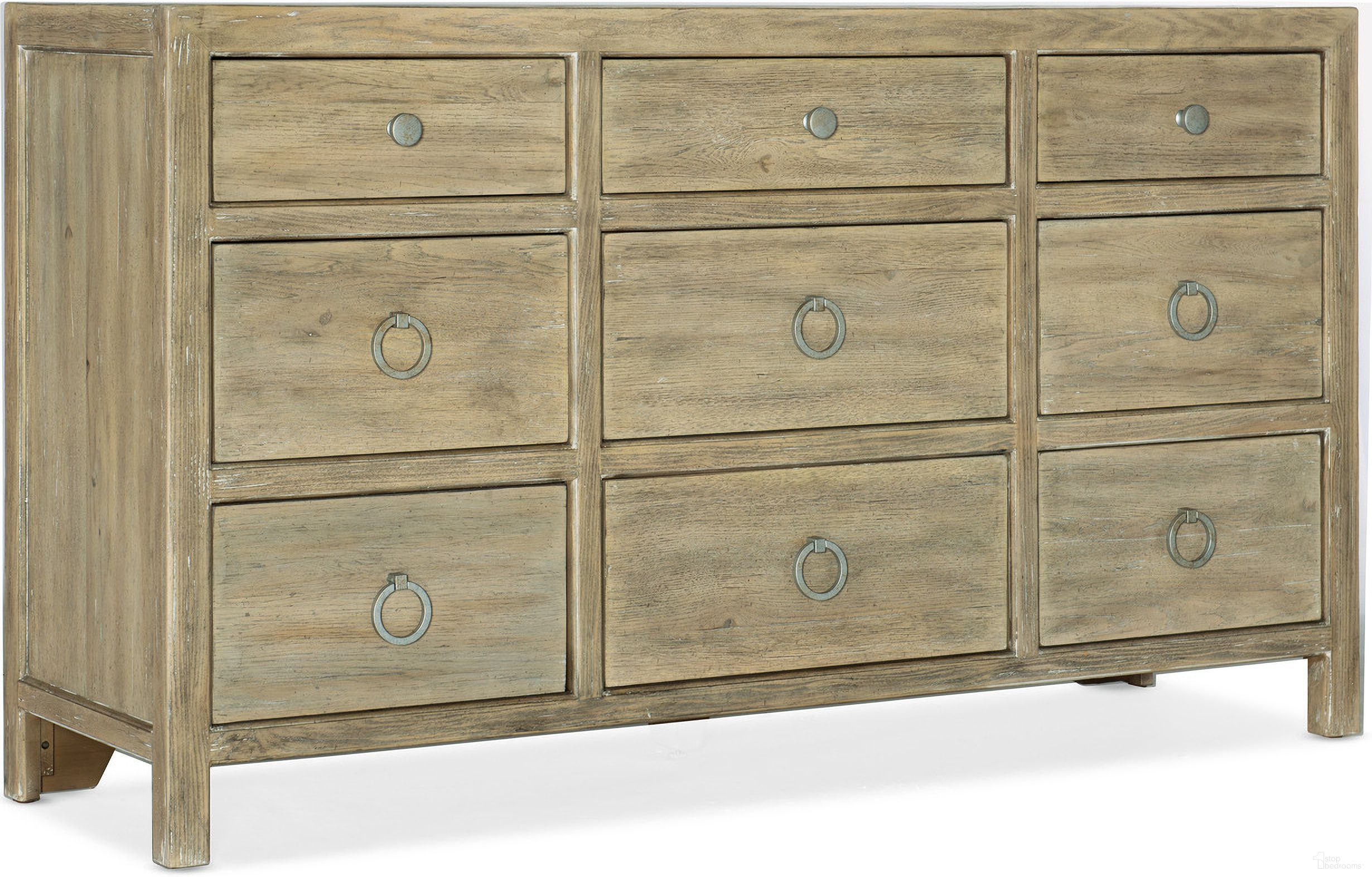 The appearance of Surfrider Nine-Drawer Dresser designed by Hooker in the transitional interior design. This light wood piece of furniture was selected by 1StopBedrooms from Surfrider Collection to add a touch of cosiness and style into your home. Sku: 6015-90202-80. Material: Veneer.
