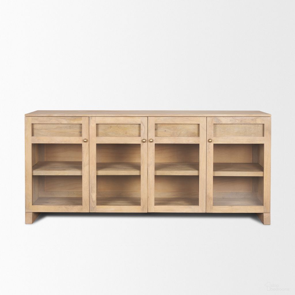 The appearance of Suri Wood with Glass Doors Sideboard In Light Brown designed by Mercana in the country / farmhouse interior design. This light brown piece of furniture was selected by 1StopBedrooms from Suri Collection to add a touch of cosiness and style into your home. Sku: 70826. Material: Solid Wood.
