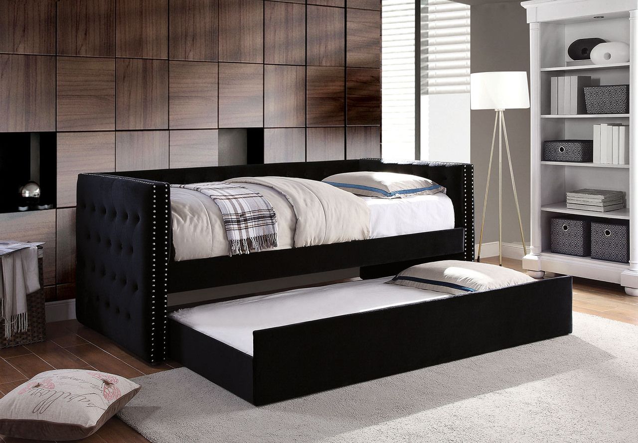 The appearance of Susanna Daybed with Trundle In Black designed by Furniture of America in the transitional interior design. This black piece of furniture was selected by 1StopBedrooms from Susanna Collection to add a touch of cosiness and style into your home. Sku: FM1739BK-1;FM1739BK-2. Bed Type: Daybed. Material: Flannelette.