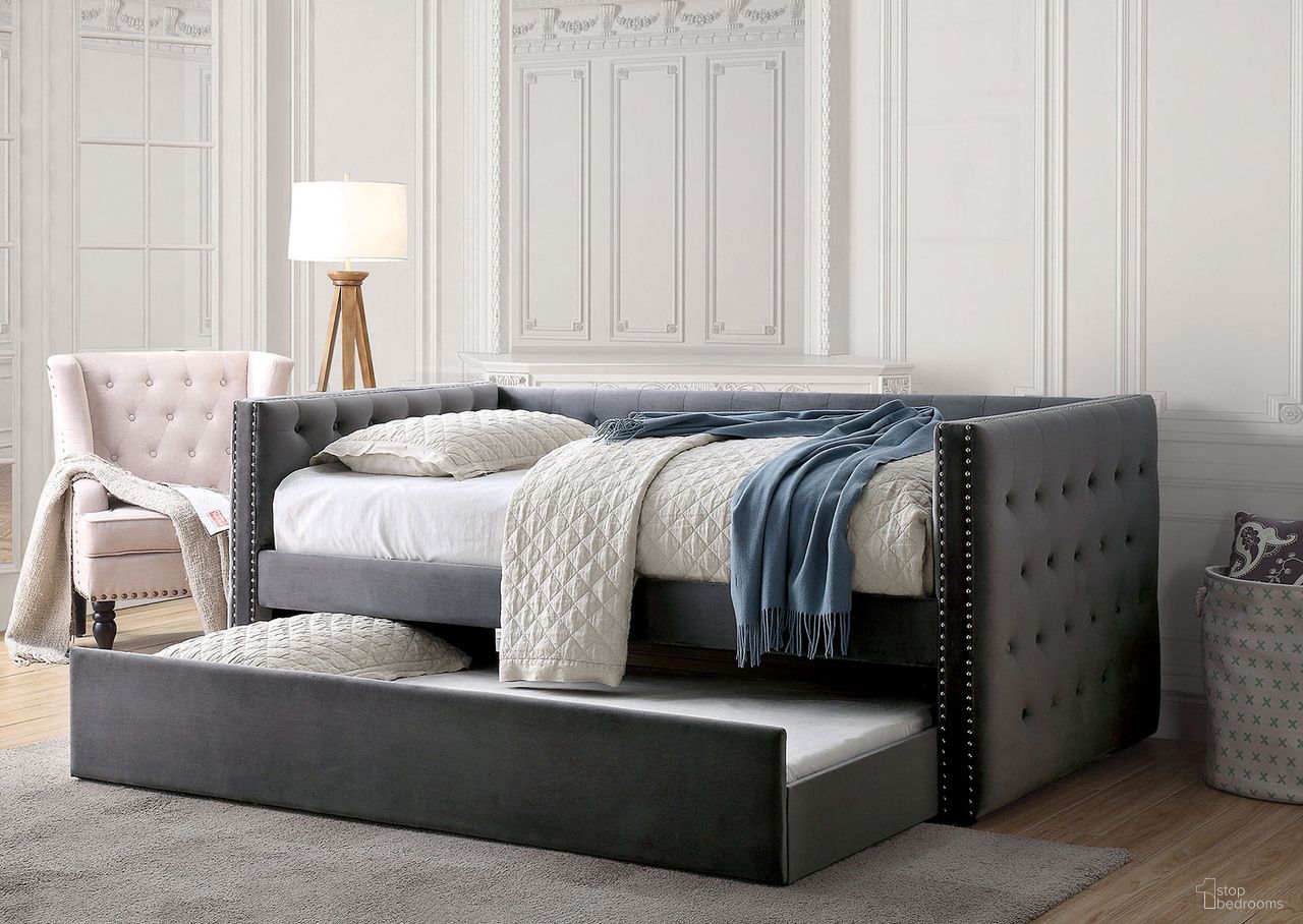 The appearance of Susanna Daybed with Trundle In Gray designed by Furniture of America in the transitional interior design. This gray piece of furniture was selected by 1StopBedrooms from Susanna Collection to add a touch of cosiness and style into your home. Sku: FM1739GY-1;FM1739GY-2. Bed Type: Daybed. Material: Flannelette.