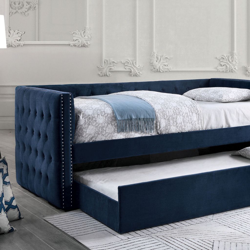 The appearance of Susanna Daybed with Trundle In Navy designed by Furniture of America in the transitional interior design. This navy piece of furniture was selected by 1StopBedrooms from Susanna Collection to add a touch of cosiness and style into your home. Sku: FM1739NV-1;FM1739NV-2. Bed Type: Daybed. Material: Flannelette.