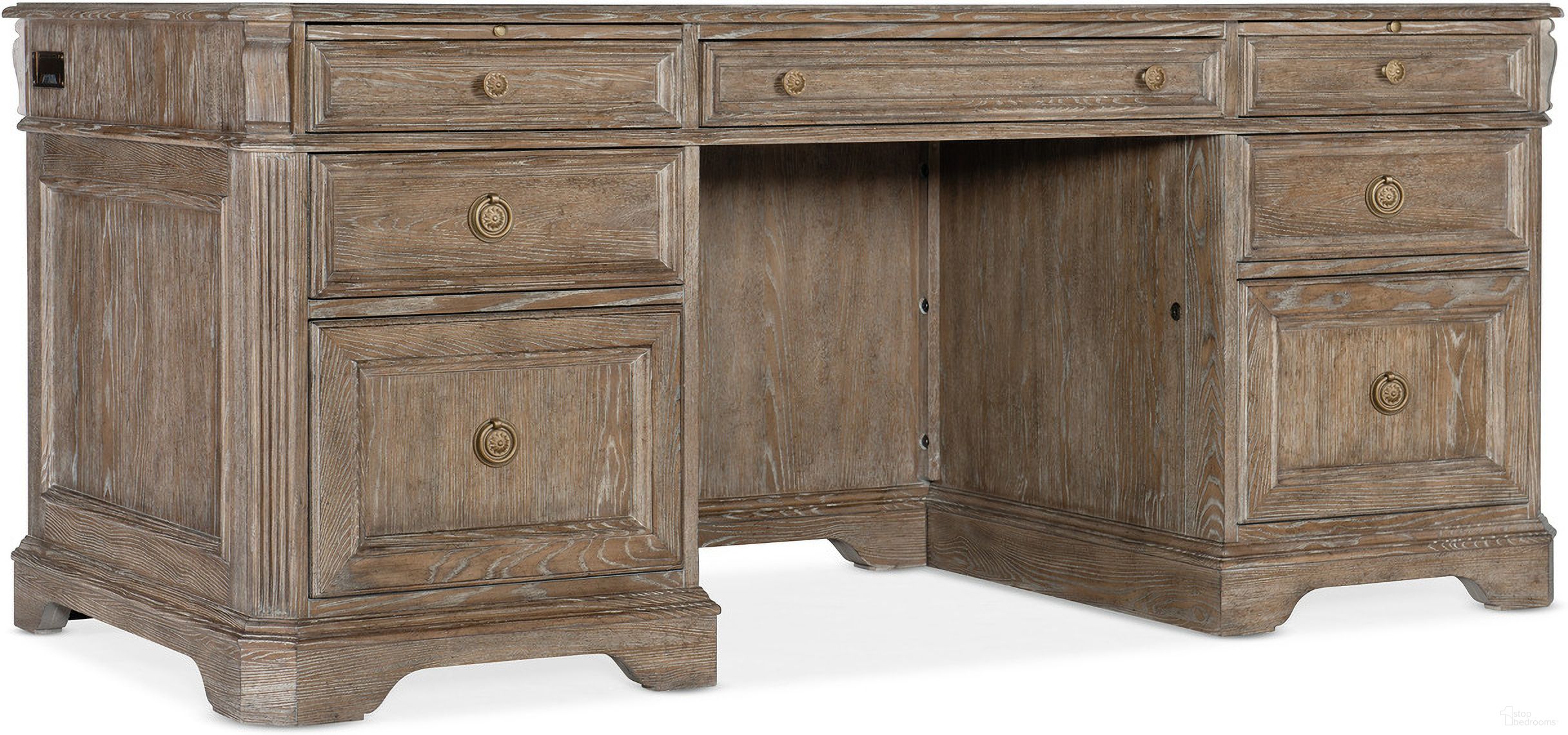 The appearance of Sutter Sutter Executive Desk designed by Hooker in the traditional interior design. This medium wood piece of furniture was selected by 1StopBedrooms from Sutter Collection to add a touch of cosiness and style into your home. Sku: 5981-10563-80. Material: Veneer.