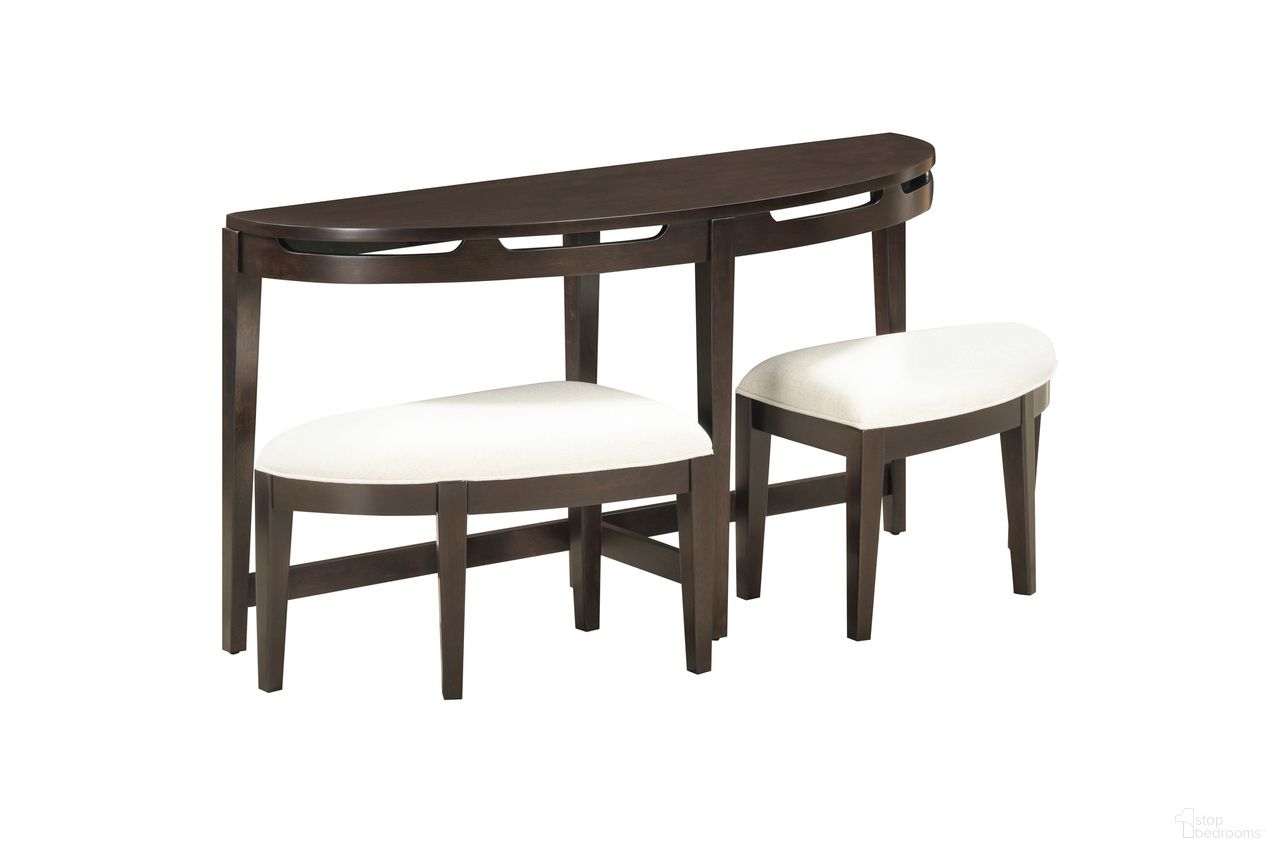 The appearance of Sutton Sofa Table with Stools In French Roast designed by Aspenhome in the transitional interior design. This roast piece of furniture was selected by 1StopBedrooms from Sutton Collection to add a touch of cosiness and style into your home. Sku: I3048-9150. Material: Wood.