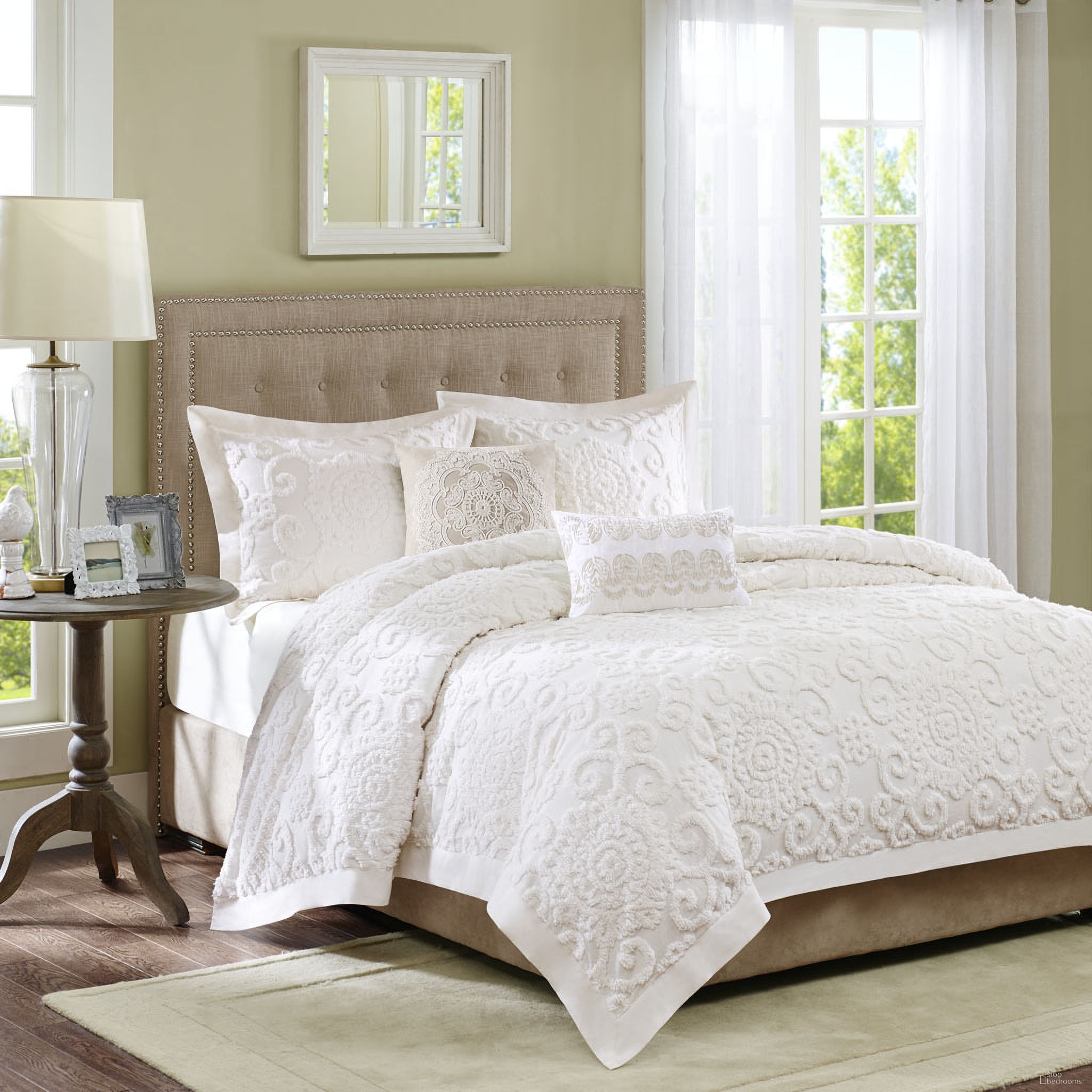The appearance of Suzanna Cotton King Comforter Mini Set With Embroidery In Ivory designed by Olliix in the coastal interior design. This ivory piece of furniture was selected by 1StopBedrooms from Suzanna Collection to add a touch of cosiness and style into your home. Sku: HH10-1346. Material: Polyester. Bed Size: King.