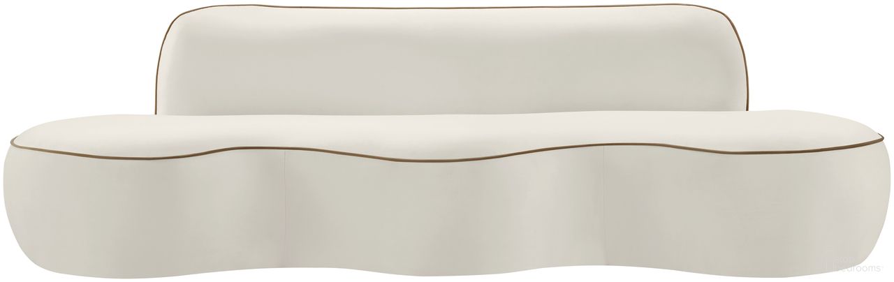 The appearance of Swerve 101 Inch Velvet Upholstered Sofa In Cream designed by Meridian in the modern / contemporary interior design. This cream piece of furniture  was selected by 1StopBedrooms from Swerve Collection to add a touch of cosiness and style into your home. Sku: 44021Cream-S. Material: Velvet.