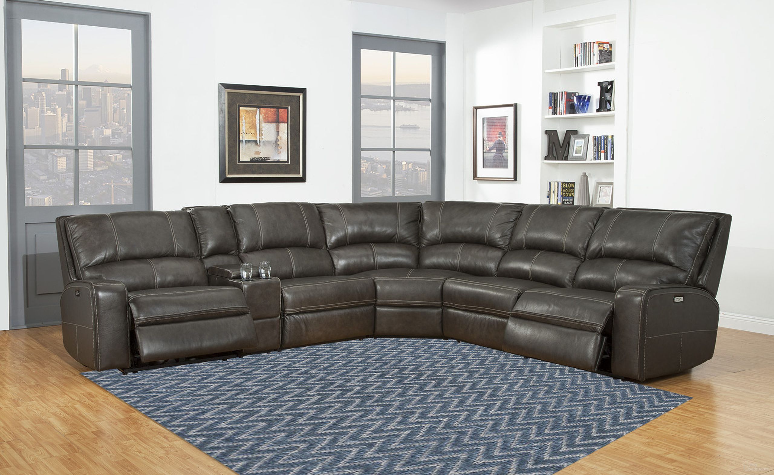 The appearance of Swift Twilight 6 Piece Modular Power Reclining Sectional With Power Headrests And Console designed by Parker House in the transitional interior design. This gray piece of furniture was selected by 1StopBedrooms from Swift Collection to add a touch of cosiness and style into your home. Sku: MSWI#810P-TWI;MSWI#811LPH-TWI;MSWI#811RPH-TWI;MSWI#840-TWI;MSWI#850-TWI;MSWI#860-TWI. Material: Top Grain Leather. Layout: L-Shape.