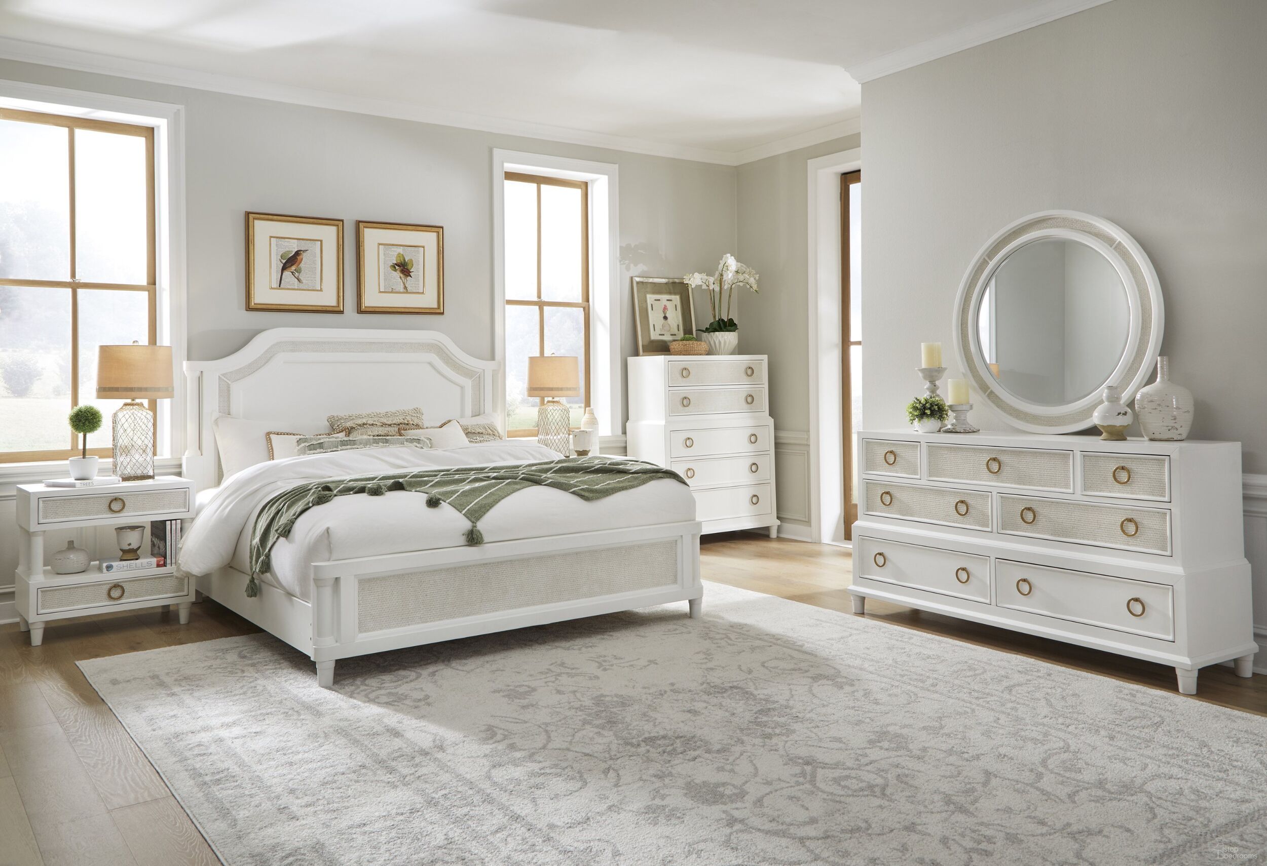 The appearance of Switchgrass Bedroom Set In White designed by American Woodcrafters in the transitional interior design. This white piece of furniture was selected by 1StopBedrooms from Switchgrass Collection to add a touch of cosiness and style into your home. Sku: 3410-980;3410-984;3410-880;3410-421. Bed Size: Queen. Material: Hardwood.