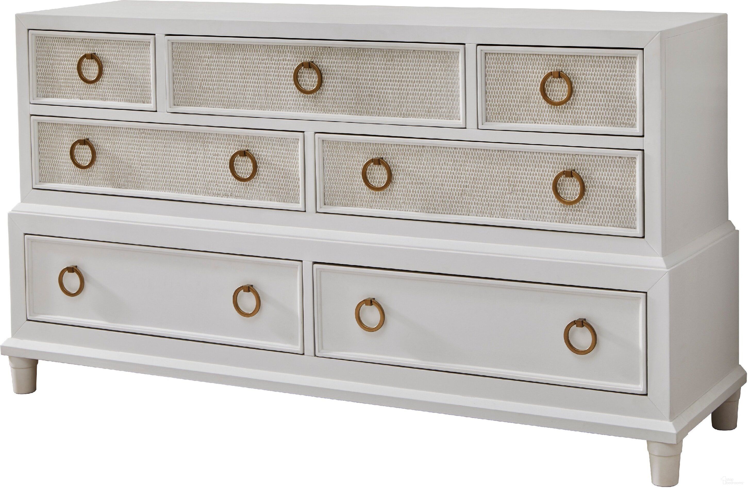 The appearance of Switchgrass Dresser In White designed by American Woodcrafters in the transitional interior design. This white piece of furniture was selected by 1StopBedrooms from Switchgrass Collection to add a touch of cosiness and style into your home. Sku: 3410-270. Material: Hardwood.