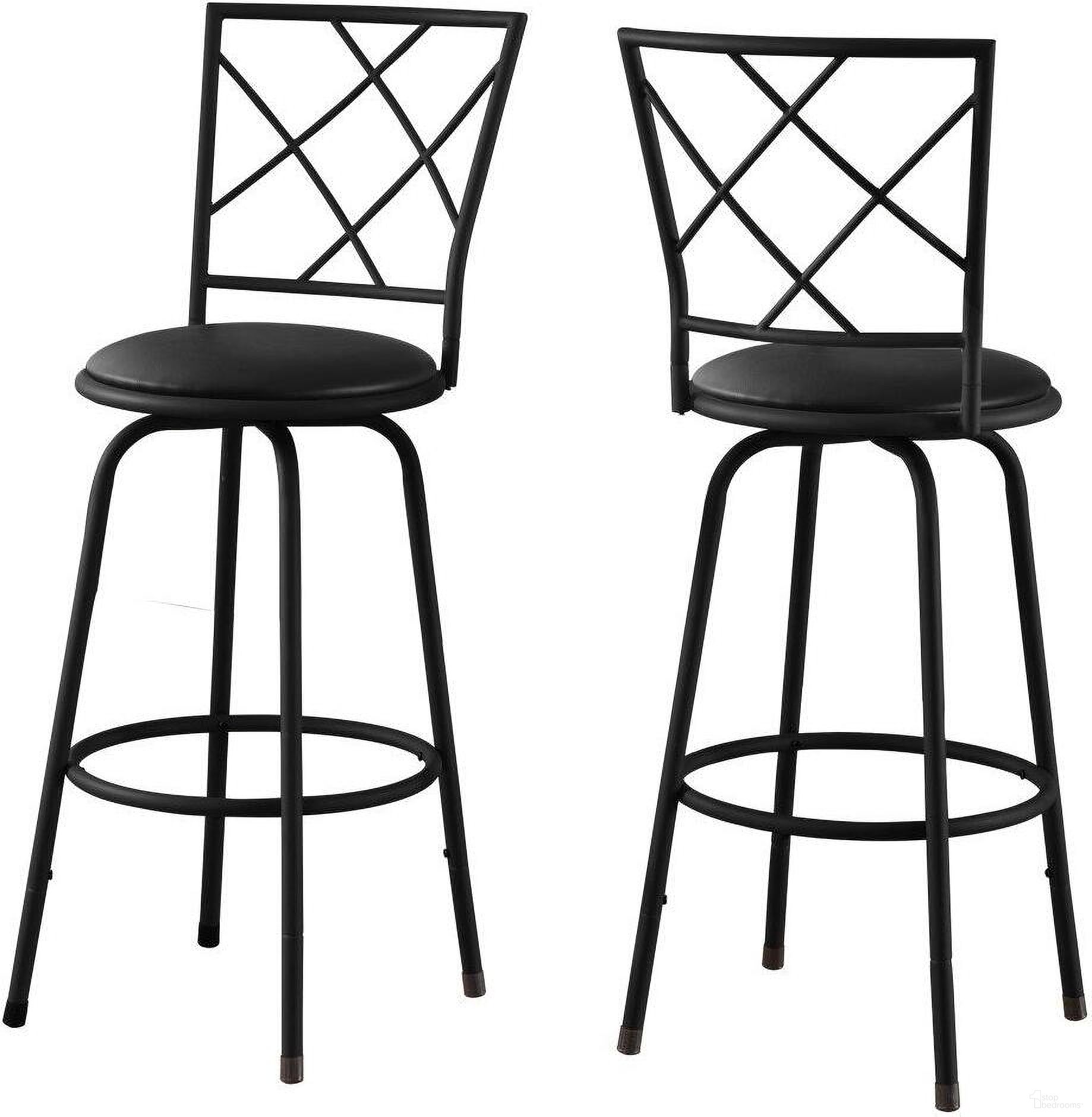 The appearance of Swivel Barstool Set Of 2 With Black Leather Look Seat designed by Monarch Specialties in the modern / contemporary interior design. This black piece of furniture was selected by 1StopBedrooms from to add a touch of cosiness and style into your home. Sku: I 2375. Material: Metal.