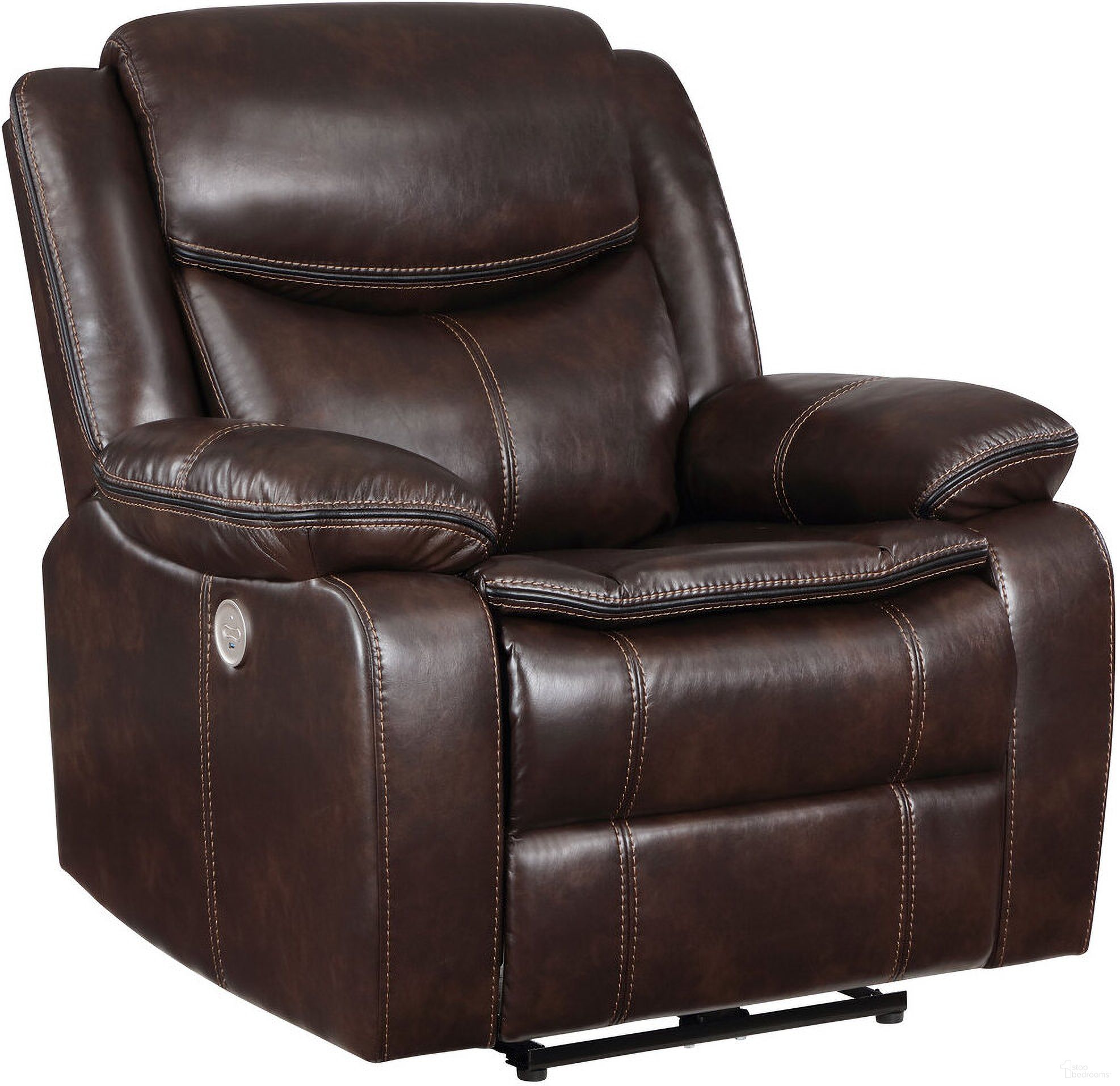 The appearance of Sycamore Upholstered Power Recliner Chair Dark Brown designed by Coaster in the modern / contemporary interior design. This dark brown piece of furniture  was selected by 1StopBedrooms from Sycamore Collection to add a touch of cosiness and style into your home. Sku: 610193P. Material: Faux Leather.