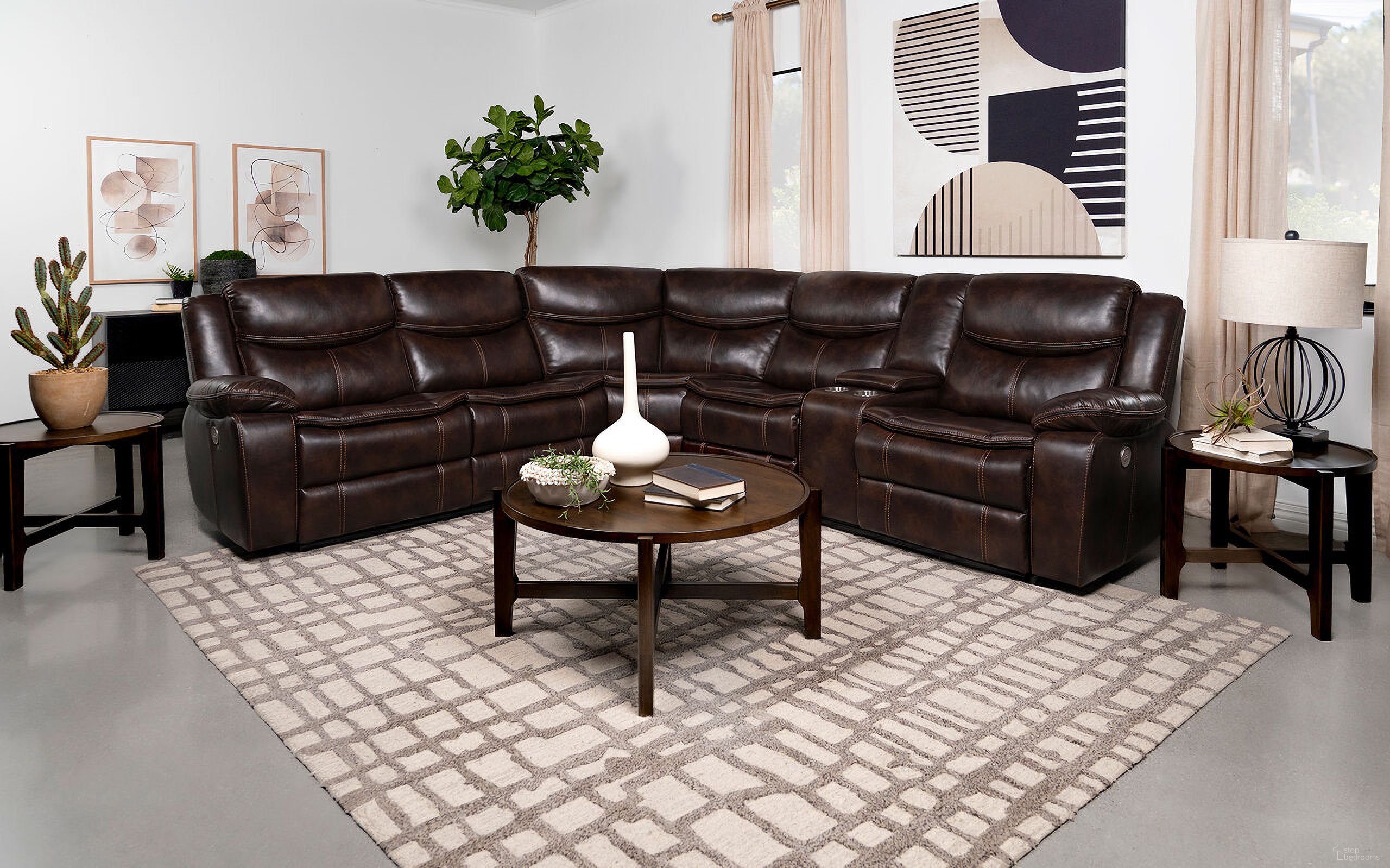 The appearance of Sycamore Upholstered Power Reclining Sectional Sofa Dark Brown designed by Coaster in the transitional interior design. This dark brown piece of furniture  was selected by 1StopBedrooms from Sycamore Collection to add a touch of cosiness and style into your home. Sku: 610190LLP;610190RLCP;610190WDG. Material: Upholstered. Layout: L-Shape.