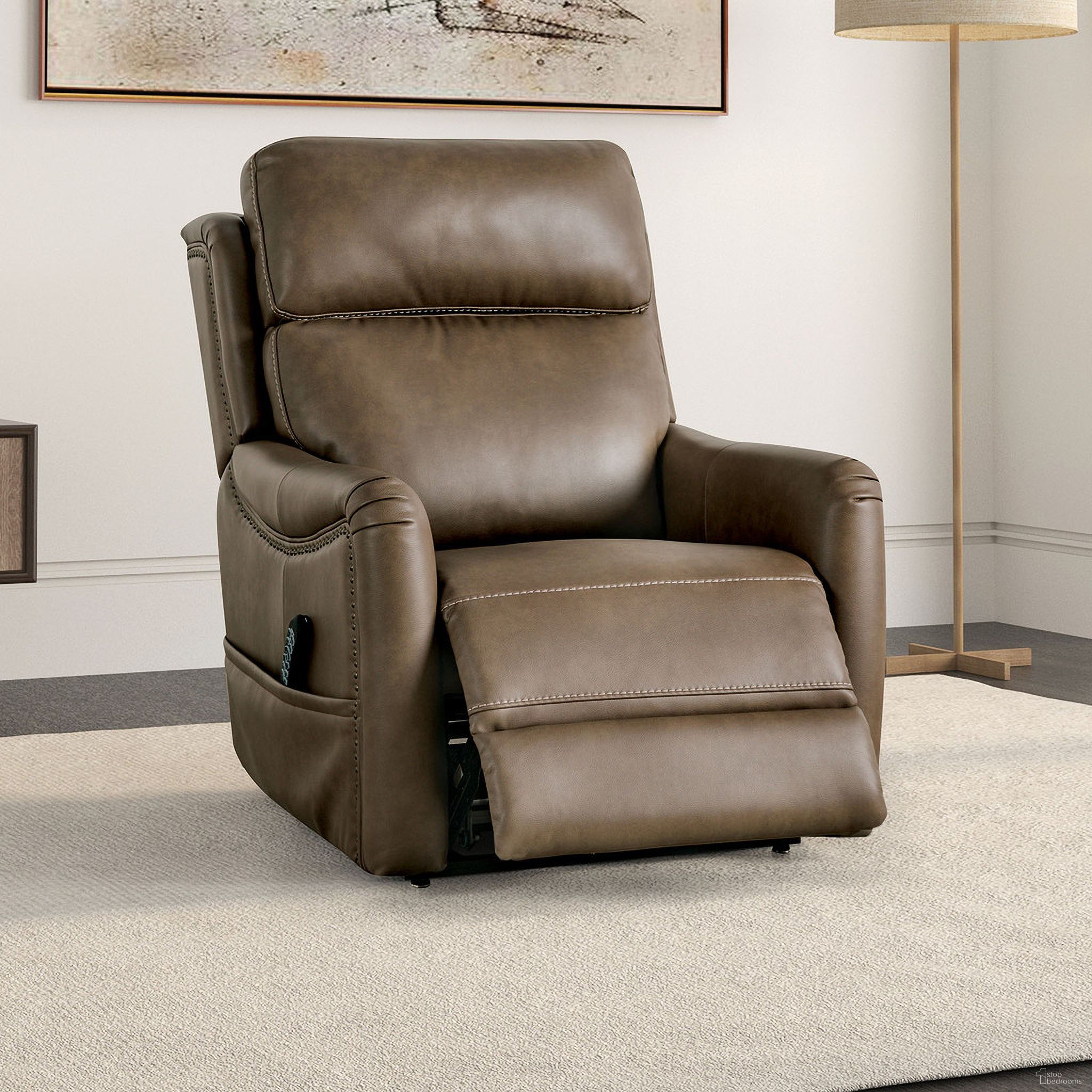 The appearance of Sylvanus Lift Chair In Brown designed by Furniture of America in the transitional interior design. This brown piece of furniture was selected by 1StopBedrooms from Sylvanus Collection to add a touch of cosiness and style into your home. Sku: FM68004BR-LC. Material: Leather.