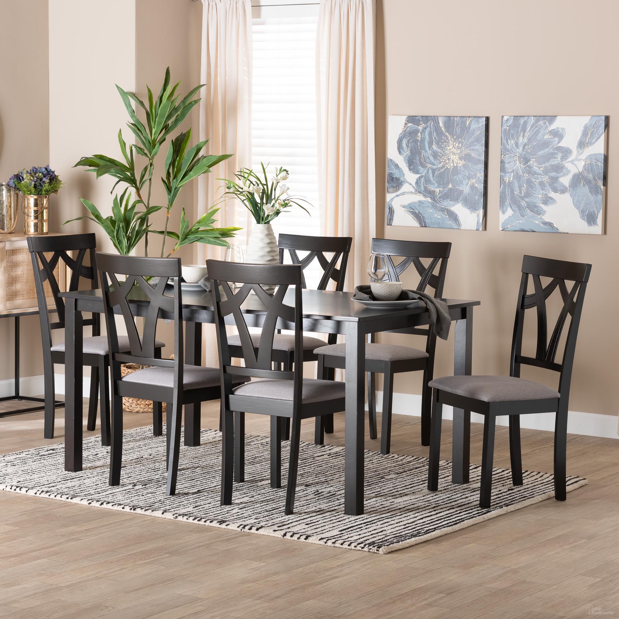 Sylvia Fabric and Wood 7-Piece Dining Set In Grey and Dark Brown
