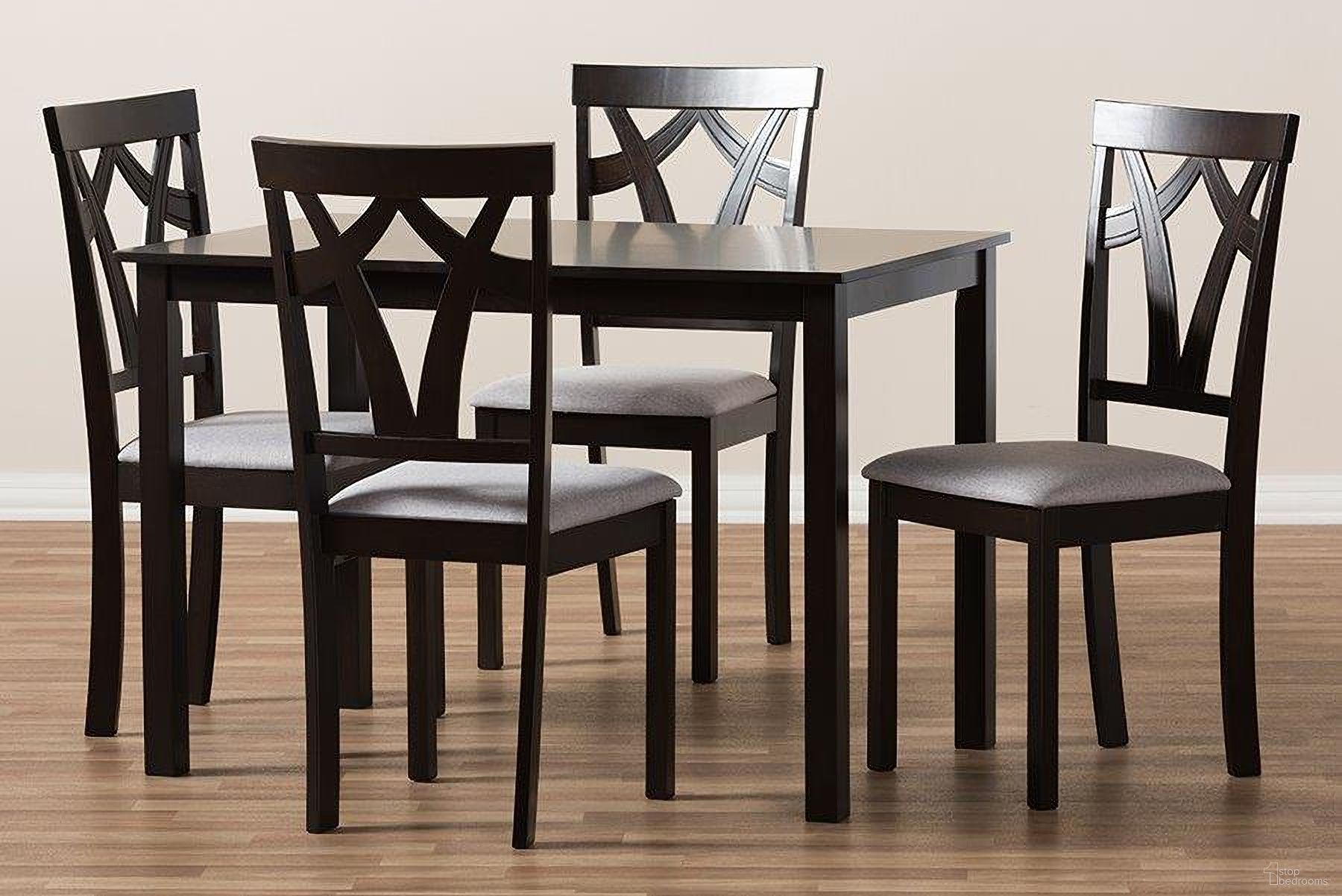 Sylvia Modern And Contemporary Grey Fabric Upholstered And Dark Brown Finished 5-Piece Dining Set