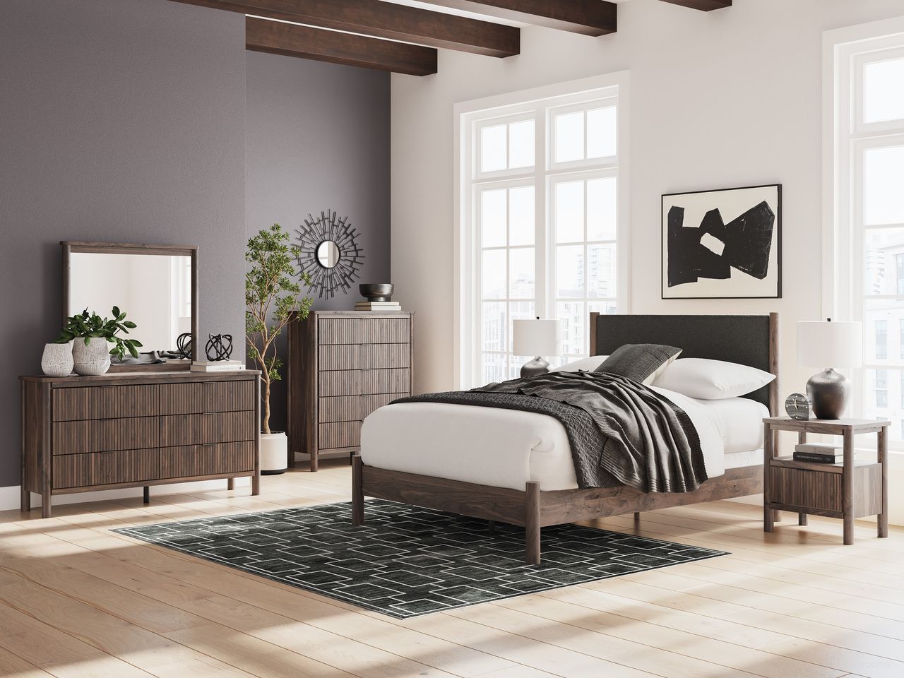 The appearance of Symarro Upholstered Panel Bedroom Set In Brown designed by Signature Design by Ashley in the transitional interior design. This brown piece of furniture was selected by 1StopBedrooms from Symarro Collection to add a touch of cosiness and style into your home. Sku: NCB2614-154;NCB2614-57;NCB2614-91. Material: Wood. Bed Size: Queen.