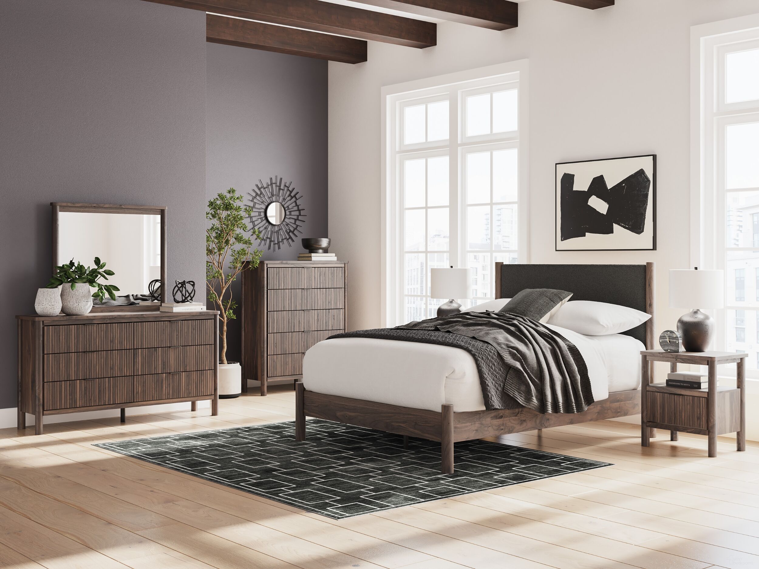 The appearance of Symarro Upholstered Platform Bedroom Set In Brown designed by Signature Design by Ashley in the transitional interior design. This brown piece of furniture was selected by 1StopBedrooms from Symarro Collection to add a touch of cosiness and style into your home. Sku: B100-13;NCB2614-54;NCB2614-57;NCB2614-91. Material: Wood. Bed Size: Queen.