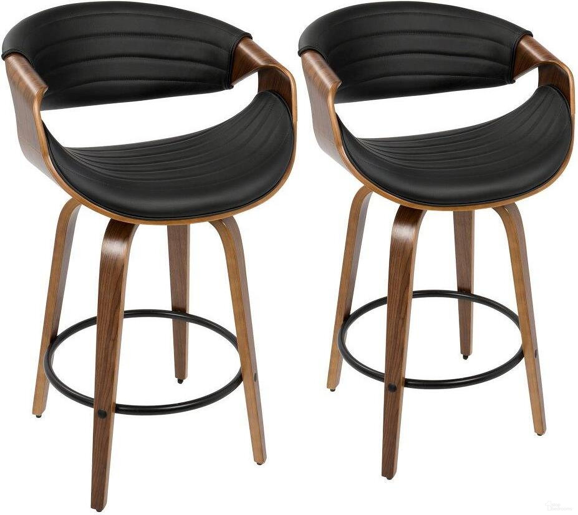The appearance of Symphony Mid-Century Modern Counter Stool In Walnut And Black Faux Leather - Set Of 2 designed by Lumisource in the transitional interior design. This black piece of furniture  was selected by 1StopBedrooms from Curvo Collection to add a touch of cosiness and style into your home. Sku: B26-SYMPQ WLBK2. Material: PU.