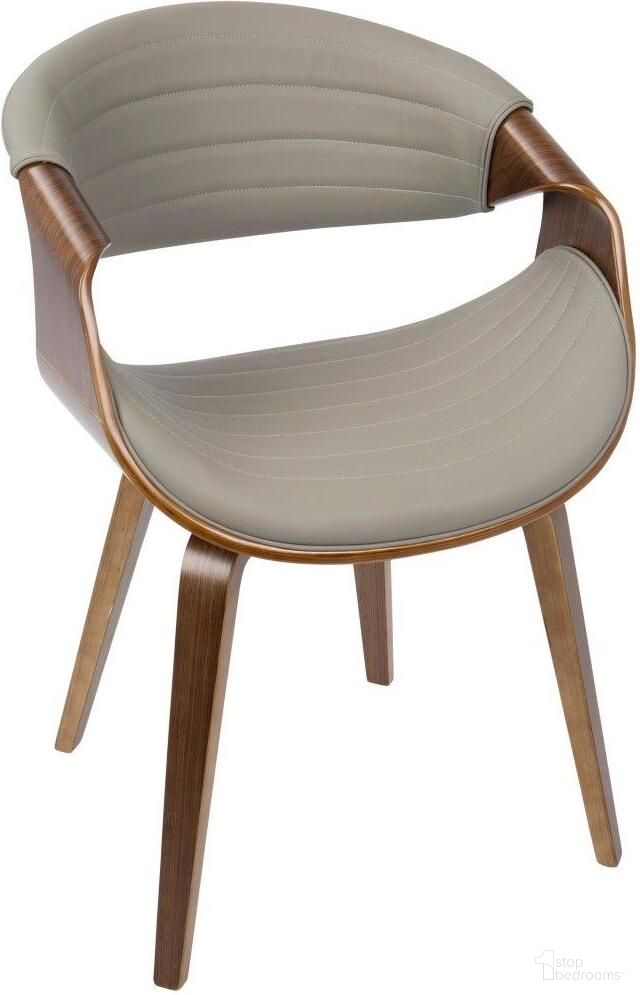 The appearance of Symphony Mid-Century Modern Dining/Accent Chair In Walnut Wood And Grey Faux Leather designed by Lumisource in the transitional interior design. This walnut piece of furniture was selected by 1StopBedrooms from Curvo Collection to add a touch of cosiness and style into your home. Sku: CH-SYMP WL+LGY. Material: Faux Leather. Chair Type: Arm Chair.
