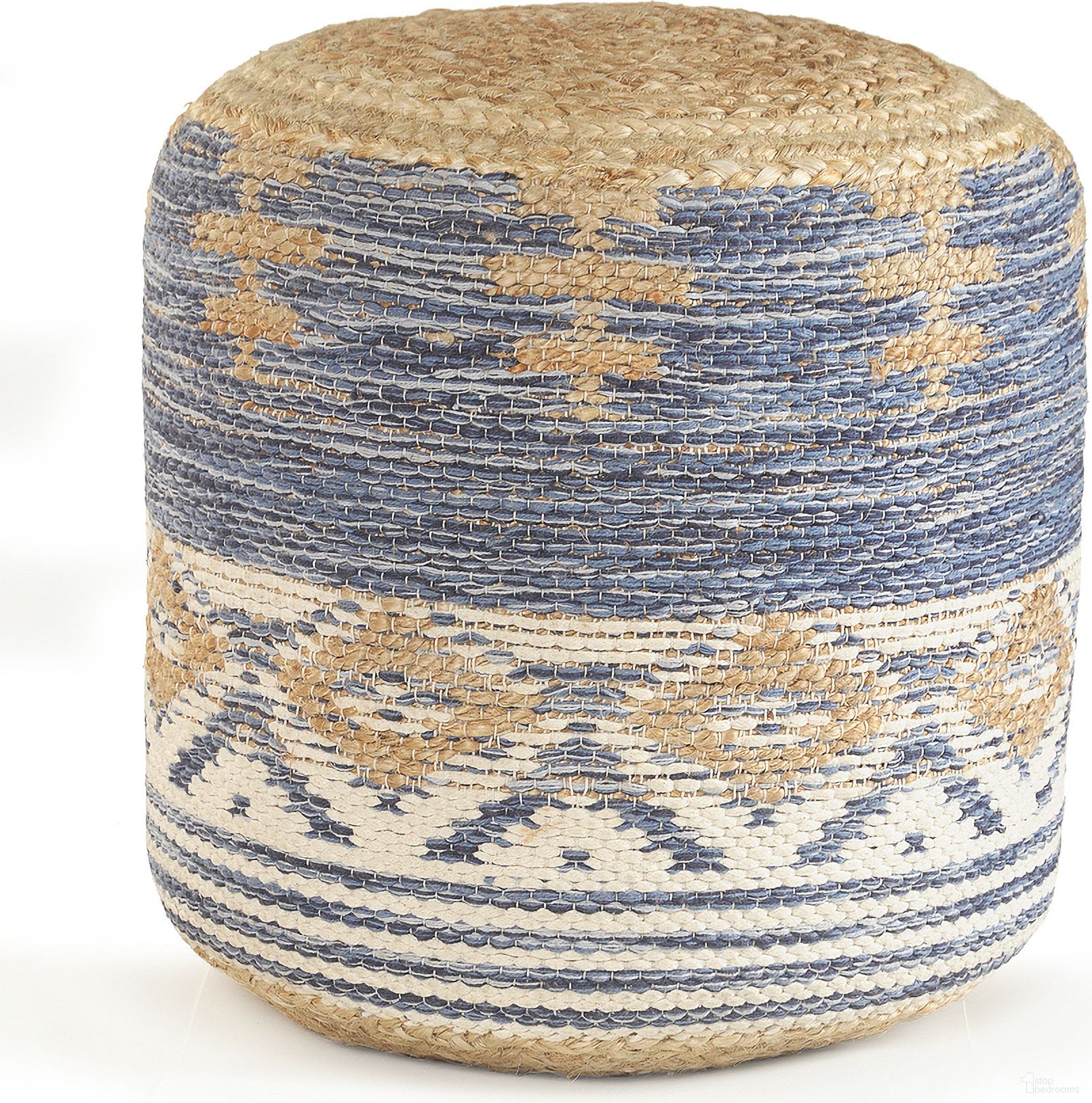The appearance of Synta Geometric Hand-Woven All-Natural Jute Ottoman Pouf In Blue and Tan designed by Rajani Home in the bohemian interior design. This blue/tan piece of furniture was selected by 1StopBedrooms from Bova Collection to add a touch of cosiness and style into your home. Sku: 4C723808G49348. Material: Jute.
