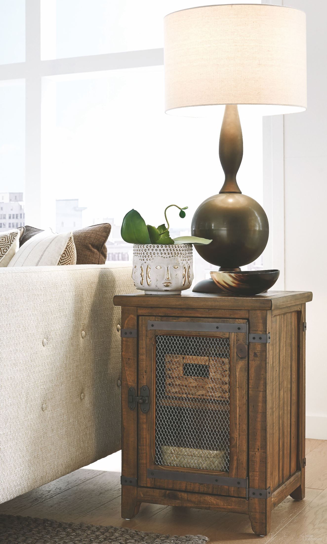 The appearance of Chesterfield Farmhouse Timber Chairside End Table designed by Magnussen in the modern / contemporary interior design. This brown piece of furniture  was selected by 1StopBedrooms from Chesterfield Collection to add a touch of cosiness and style into your home. Sku: T4717-10. Material: Pine Veneer.