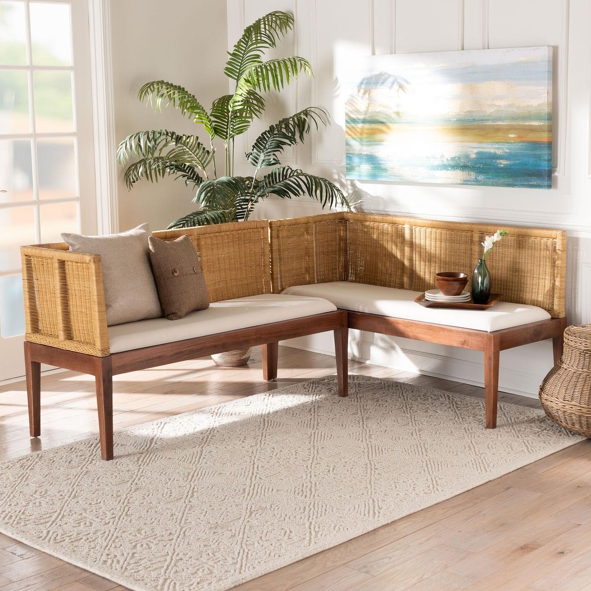 The appearance of Tabanan Wood 2 Piece Dining Nook Banquette Set In White and Brown designed by Baxton Studio in the bohemian interior design. This white and brown piece of furniture  was selected by 1StopBedrooms from Tabanan Collection to add a touch of cosiness and style into your home. Sku: Tabanan-Light Honey/Light Brown-2PC Bench Set. Material: Natural Rattan.