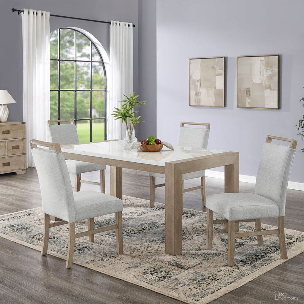 The appearance of Tabitha 5 Piece 66 Inch Rectangular White Faux Marble Top Dining Set in Light Oak designed by Lilola Home in the transitional interior design. This light oak piece of furniture was selected by 1StopBedrooms from Tabitha Collection to add a touch of cosiness and style into your home. Sku: 30060-T;30060-C;30060-C. Table Base Style: Legs. Material: Wood. Table Top Shape: Rectangular. Size: 38" x 66".