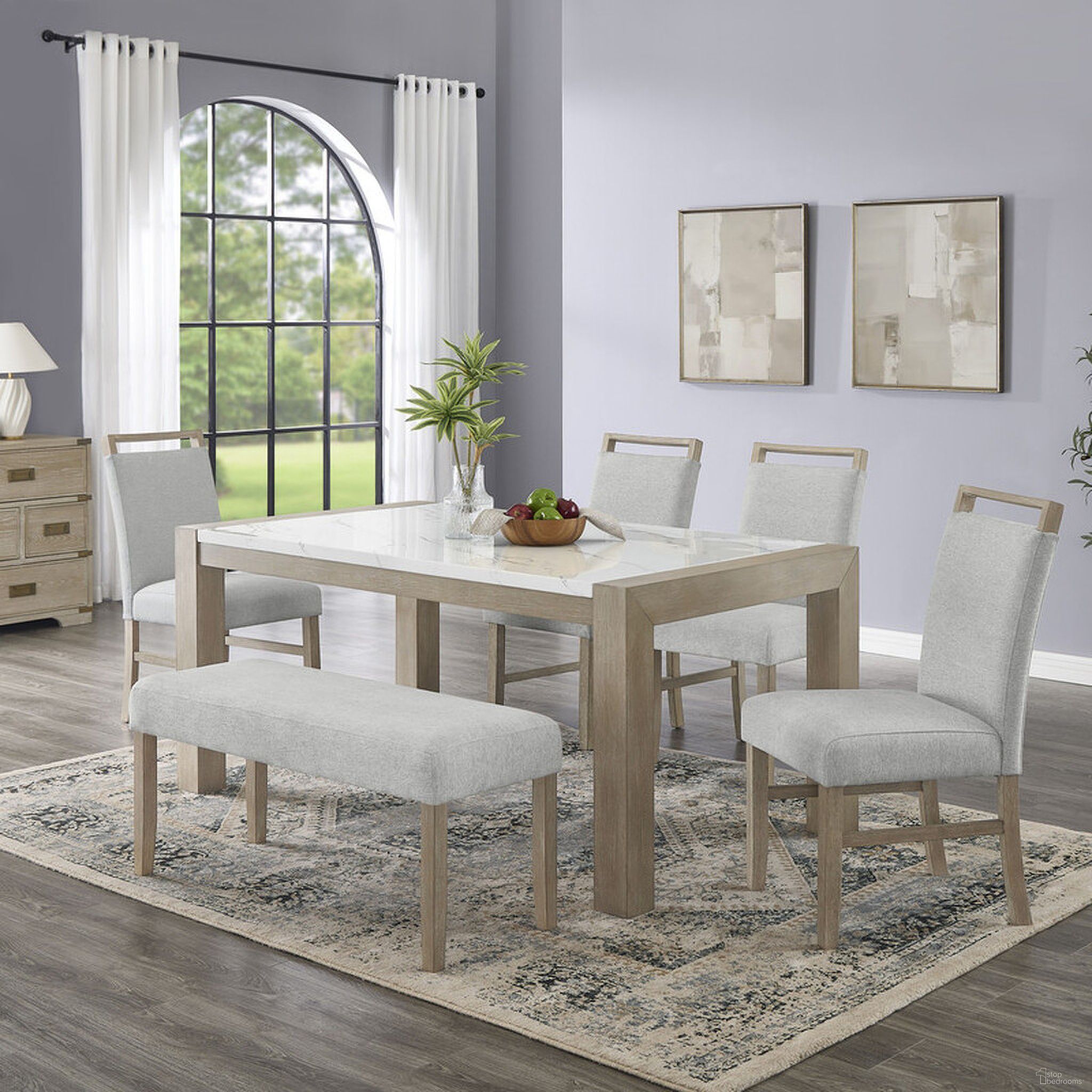 The appearance of Tabitha 6PC 66 Inch Rectangular White Faux Marble Top Dining Set with Bench In Light Oak designed by Lilola Home in the transitional interior design. This light oak piece of furniture was selected by 1StopBedrooms from Tabitha Collection to add a touch of cosiness and style into your home. Sku: 30060-T;30060-C;30060-C;30060-BENCH. Table Base Style: Legs. Material: Wood. Table Top Shape: Rectangular. Size: 38" x 66".