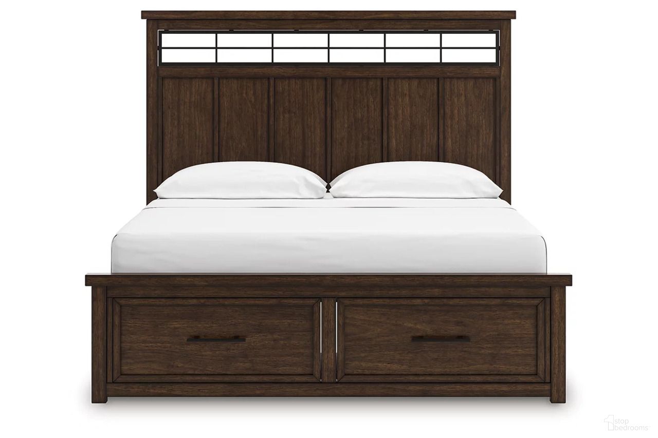 The appearance of Taffenbrook California King Panel Storage Bed In Medium Brown designed by Signature Design by Ashley in the transitional interior design. This medium brown piece of furniture was selected by 1StopBedrooms from Taffenbrook Collection to add a touch of cosiness and style into your home. Sku: B849-56S;B849-58;B849-94. Bed Type: Storage Bed. Bed Size: California King.
