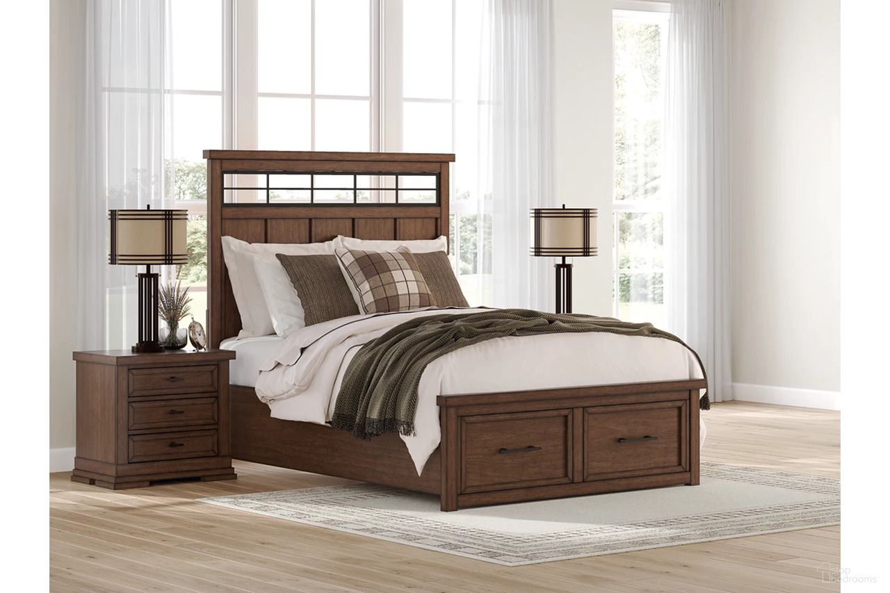The appearance of Taffenbrook Panel Storage Bedroom Set In Medium Brown designed by Signature Design by Ashley in the transitional interior design. This medium brown piece of furniture  was selected by 1StopBedrooms from Taffenbrook Collection to add a touch of cosiness and style into your home. Sku: B849-54S;B849-57;B849-97;B849-93. Material: Wood. Bed Size: California King.