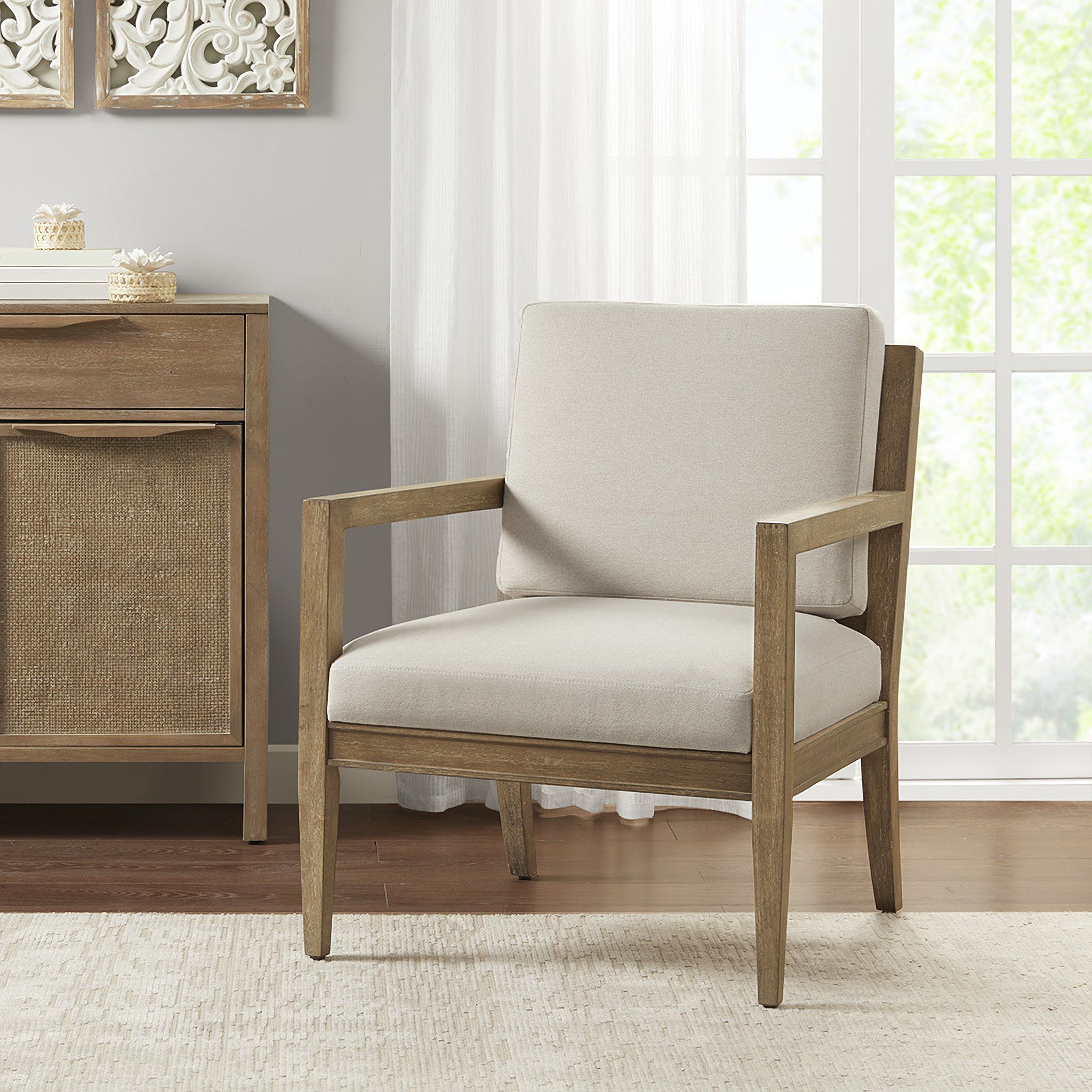 The appearance of Tage Upholstered Accent Armchair In Ivory designed by Olliix in the transitional interior design. This ivory piece of furniture was selected by 1StopBedrooms from Tage Collection to add a touch of cosiness and style into your home. Sku: MP100-1187. Material: Polyester.