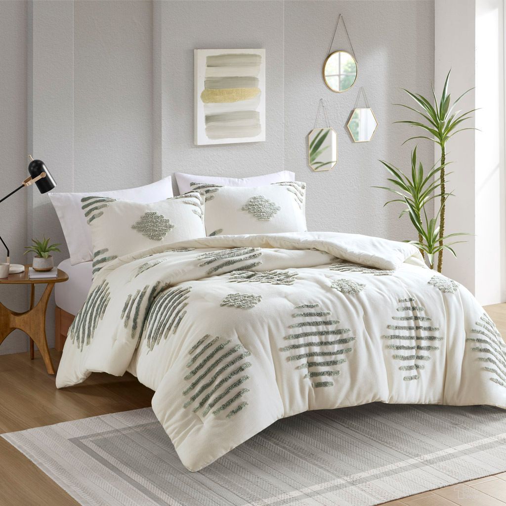 The appearance of Tahli 3 Piece Cotton Blend Chenille Full/Queen Comforter Set In Green and Ivory designed by Olliix in the modern / contemporary interior design. This ivory and green piece of furniture was selected by 1StopBedrooms from Tahli Collection to add a touch of cosiness and style into your home. Sku: II10-1311. Bed Size: Full. Material: Cotton.