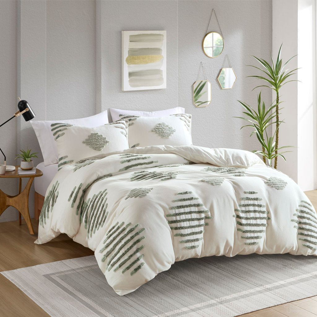 The appearance of Tahli 3 Piece Cotton Blend Chenille King/Cal King Duvet Cover Set In Green and Ivory designed by Olliix in the modern / contemporary interior design. This ivory and green piece of furniture was selected by 1StopBedrooms from Tahli Collection to add a touch of cosiness and style into your home. Sku: II12-1314. Bed Size: King. Material: Cotton.