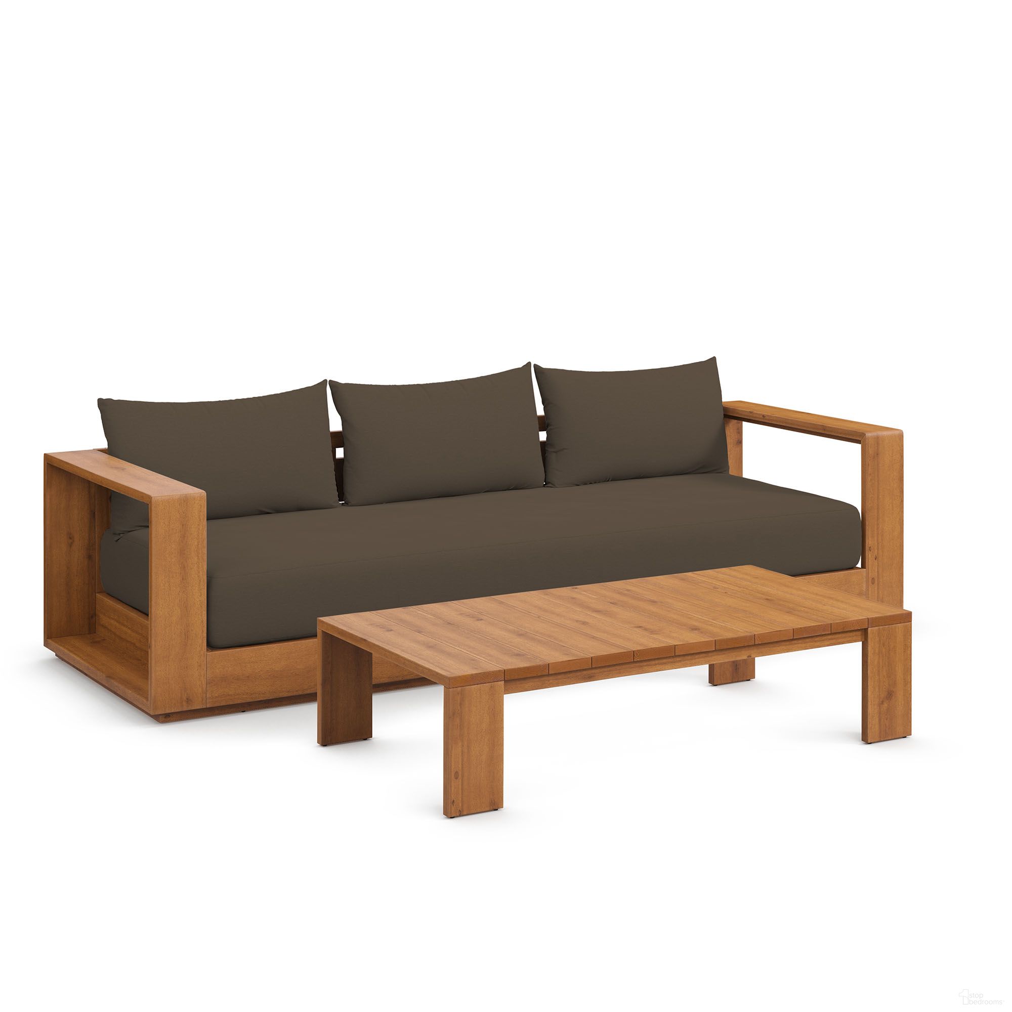 The appearance of Tahoe 2-Piece Outdoor Patio Acacia Wood Sofa and Coffee Table Set In Natural and Cocoa designed by Modway in the modern / contemporary interior design. This natural/cocoa piece of furniture  was selected by 1StopBedrooms from Tahoe Collection to add a touch of cosiness and style into your home. Sku: EEI-6784-NAT-COA;EEI-6786-NAT. Material: Acacia Wood.