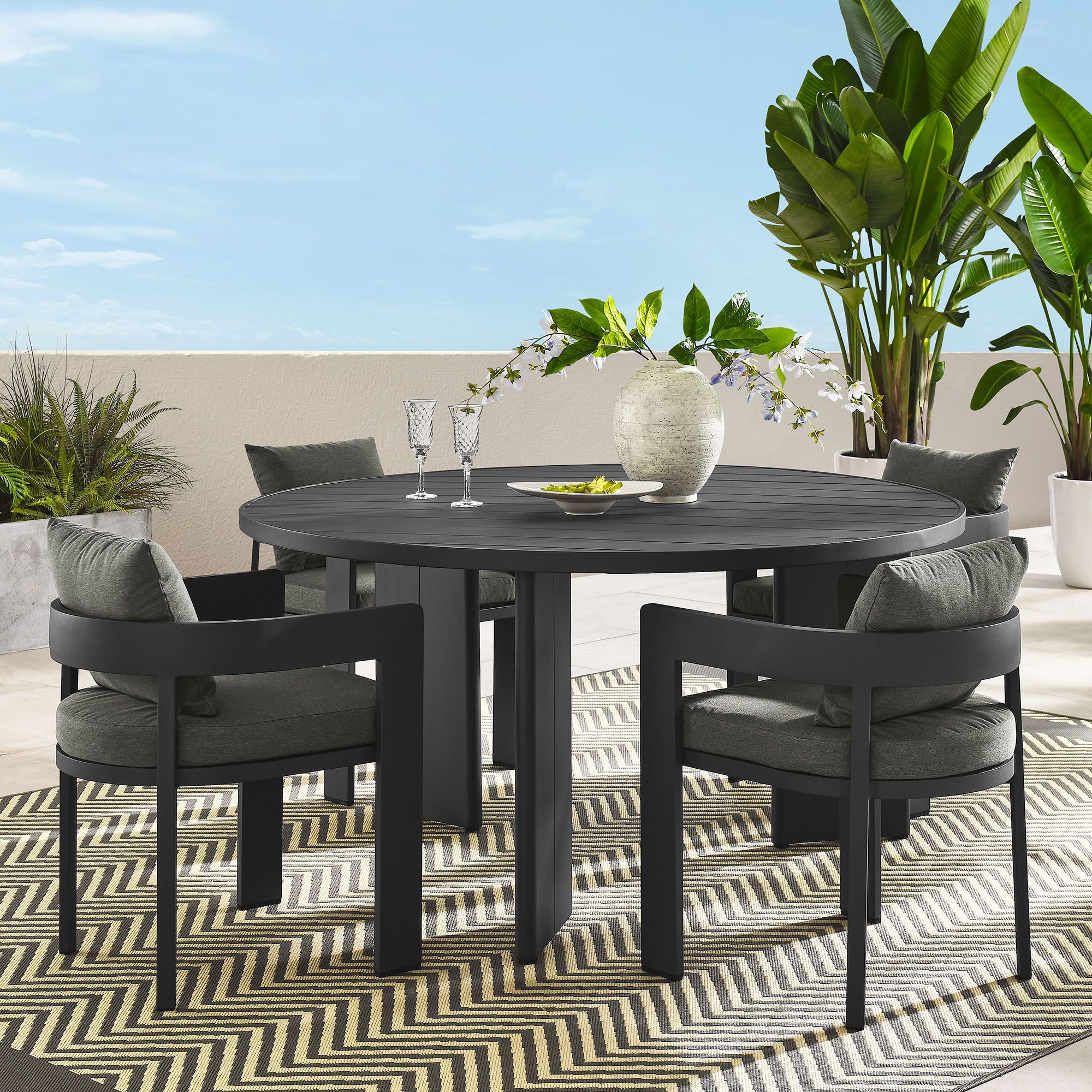 The appearance of Tahoe 5-Piece Outdoor Patio Aluminum Dining Set In Gray and Charcoal designed by Modway in the modern / contemporary interior design. This gray/charcoal piece of furniture was selected by 1StopBedrooms from Tahoe Collection to add a touch of cosiness and style into your home. Sku: EEI-7053-GRY-CHA;EEI-7055-GRY-BASE;EEI-7055-GRY-TOP;EEI-7053-GRY-CHA;EEI-7053-GRY-CHA;EEI-7053-GRY-CHA. Material: Aluminum.