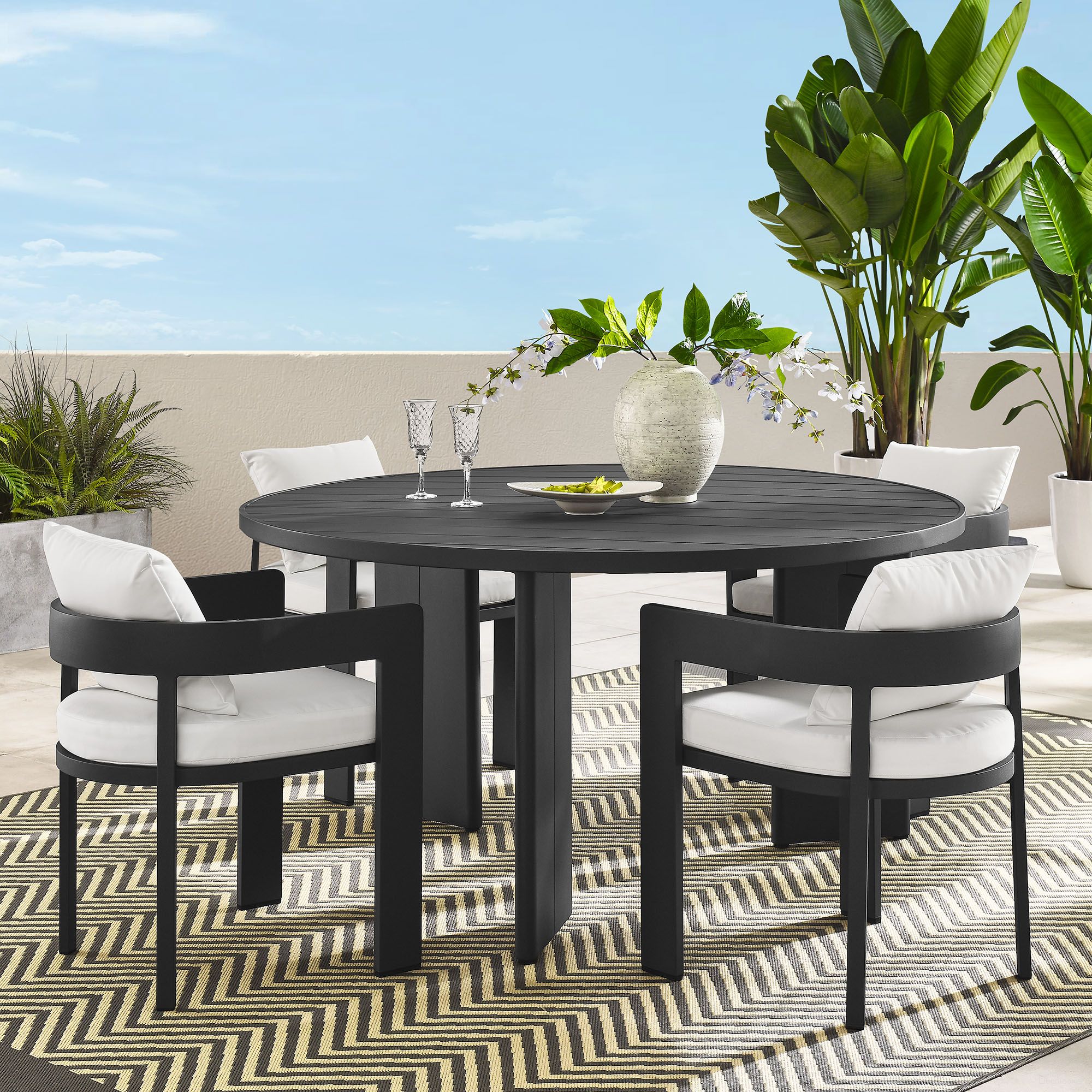 The appearance of Tahoe 5-Piece Outdoor Patio Aluminum Dining Set In Gray and White designed by Modway in the modern / contemporary interior design. This gray and white piece of furniture was selected by 1StopBedrooms from Tahoe Collection to add a touch of cosiness and style into your home. Sku: EEI-7053-GRY-WHI;EEI-7055-GRY-BASE;EEI-7055-GRY-TOP;EEI-7053-GRY-WHI;EEI-7053-GRY-WHI;EEI-7053-GRY-WHI. Material: Aluminum.
