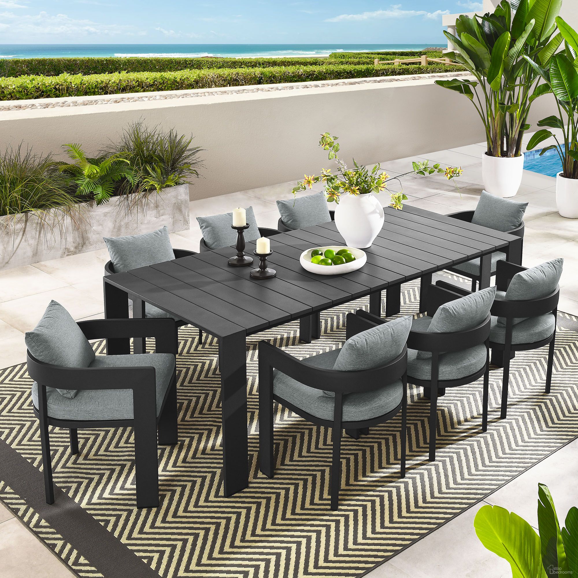 The appearance of Tahoe 9-Piece Outdoor Patio Aluminum Dining Set In Gray designed by Modway in the modern / contemporary interior design. This gray piece of furniture was selected by 1StopBedrooms from Tahoe Collection to add a touch of cosiness and style into your home. Sku: EEI-7053-GRY-GRY;EEI-7054-GRY;EEI-7053-GRY-GRY;EEI-7053-GRY-GRY;EEI-7053-GRY-GRY;EEI-7053-GRY-GRY;EEI-7053-GRY-GRY;EEI-7053-GRY-GRY;EEI-7053-GRY-GRY. Material: Aluminum.