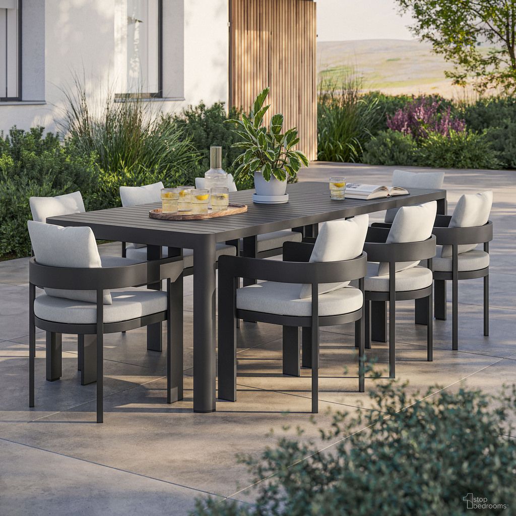 The appearance of Tahoe 9-Piece Outdoor Patio Aluminum Dining Set With Extendable Table In Gray and White designed by Modway in the modern / contemporary interior design. This gray and white piece of furniture  was selected by 1StopBedrooms from Tahoe Collection to add a touch of cosiness and style into your home. Sku: EEI-7053-GRY-WHI;EEI-7236-GRY;EEI-7053-GRY-WHI;EEI-7053-GRY-WHI;EEI-7053-GRY-WHI;EEI-7053-GRY-WHI;EEI-7053-GRY-WHI;EEI-7053-GRY-WHI;EEI-7053-GRY-WHI. Table Base Style: Legs. Material: Aluminum. Table Top Shape: Rectangular.