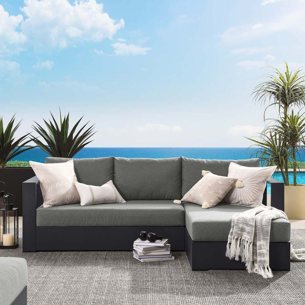 The appearance of Tahoe Outdoor Patio Powder Coated Aluminum 2 Piece RAF Sectional Sofa Set In Gray and Charcoal designed by Modway in the modern / contemporary interior design. This grey and charcoal piece of furniture was selected by 1StopBedrooms from Tahoe Collection to add a touch of cosiness and style into your home. Sku: EEI-6629-GRY-CHA;EEI-6633-GRY-CHA. Material: Wood.