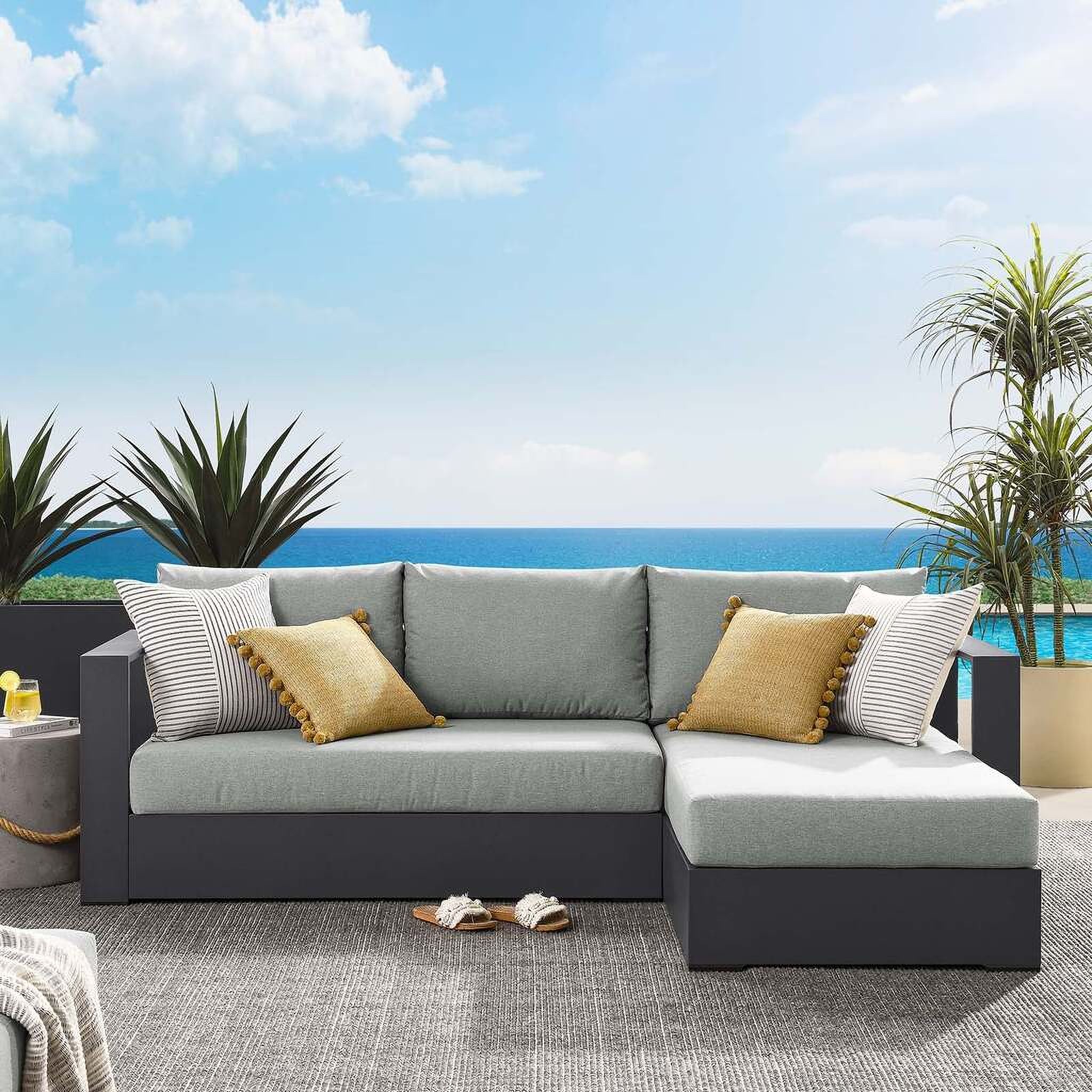 The appearance of Tahoe Outdoor Patio Powder Coated Aluminum 2 Piece RAF Sectional Sofa Set In Gray designed by Modway in the modern / contemporary interior design. This gray piece of furniture  was selected by 1StopBedrooms from Tahoe Collection to add a touch of cosiness and style into your home. Sku: EEI-6629-GRY-GRY;EEI-6633-GRY-GRY. Material: Wood.
