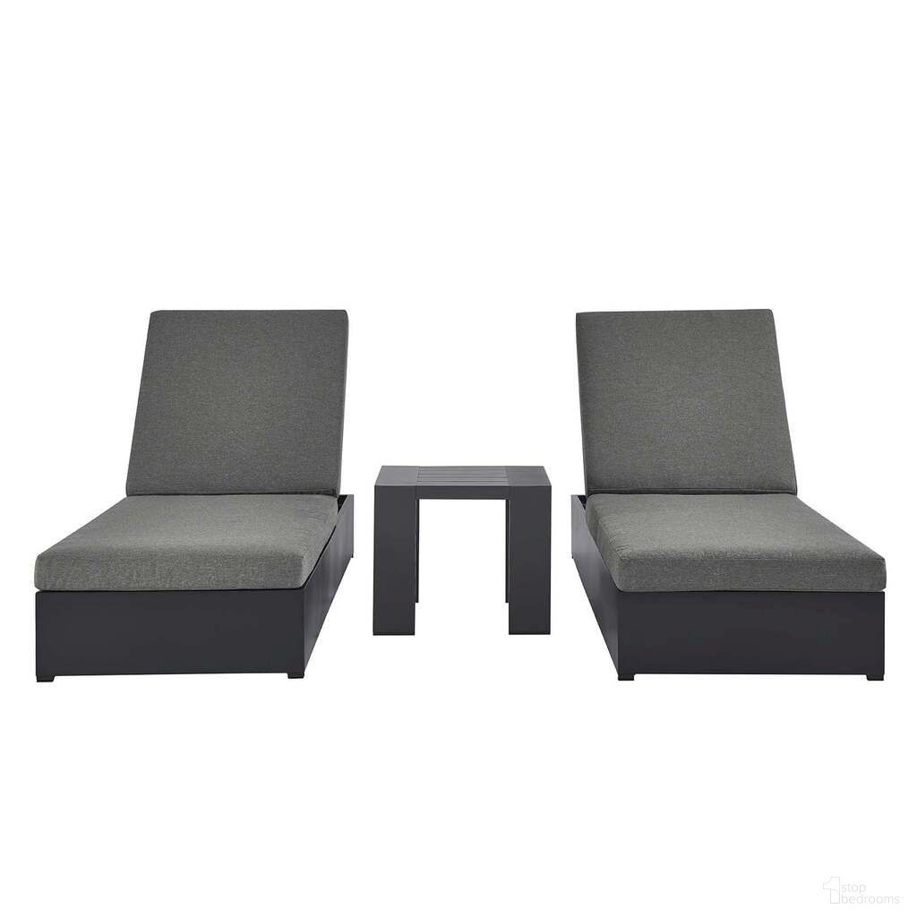 The appearance of Tahoe Outdoor Patio Powder Coated Aluminum 3 Piece Chaise Lounge Set In Gray and Charcoal designed by Modway in the modern / contemporary interior design. This grey and charcoal piece of furniture  was selected by 1StopBedrooms from Tahoe Collection to add a touch of cosiness and style into your home. Sku: EEI-6634-GRY-CHA;EEI-6635-GRY;EEI-6634-GRY-CHA. Material: Wood.