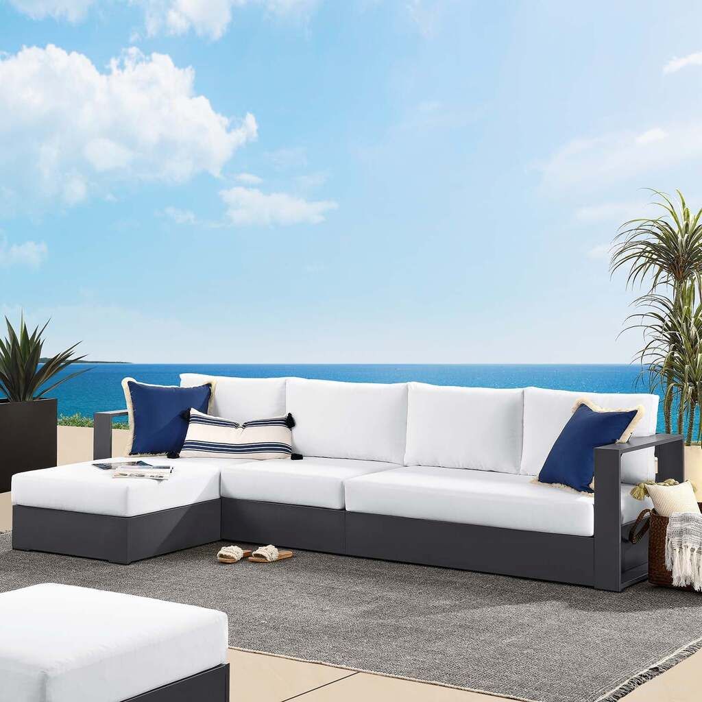 The appearance of Tahoe Outdoor Patio Powder Coated Aluminum 3 Piece LAF Chaise Sectional Sofa Set In Gray and White designed by Modway in the modern / contemporary interior design. This gray and white piece of furniture was selected by 1StopBedrooms from Tahoe Collection to add a touch of cosiness and style into your home. Sku: EEI-6628-GRY-WHI;EEI-6630-GRY-WHI;EEI-6632-GRY-WHI. Material: Wood.