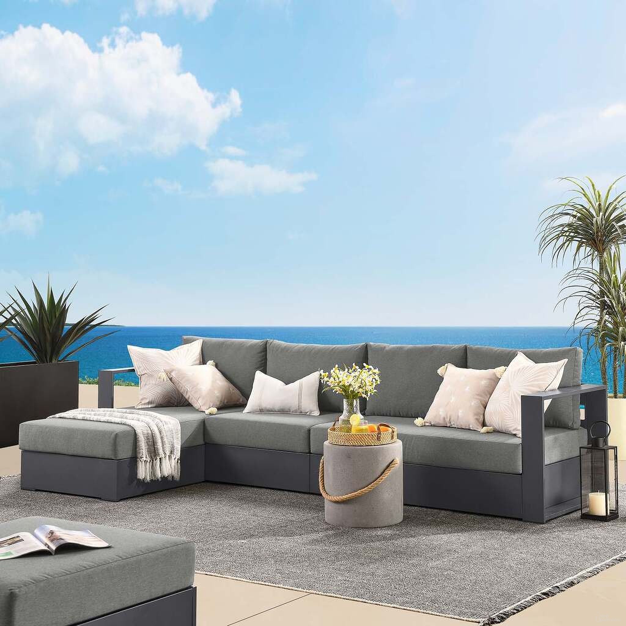 The appearance of Tahoe Outdoor Patio Powder Coated Aluminum 3 Piece LAF Sectional Sofa Set In Gray and Charcoal designed by Modway in the modern / contemporary interior design. This grey and charcoal piece of furniture was selected by 1StopBedrooms from Tahoe Collection to add a touch of cosiness and style into your home. Sku: EEI-6628-GRY-CHA;EEI-6630-GRY-CHA;EEI-6632-GRY-CHA. Material: Wood.
