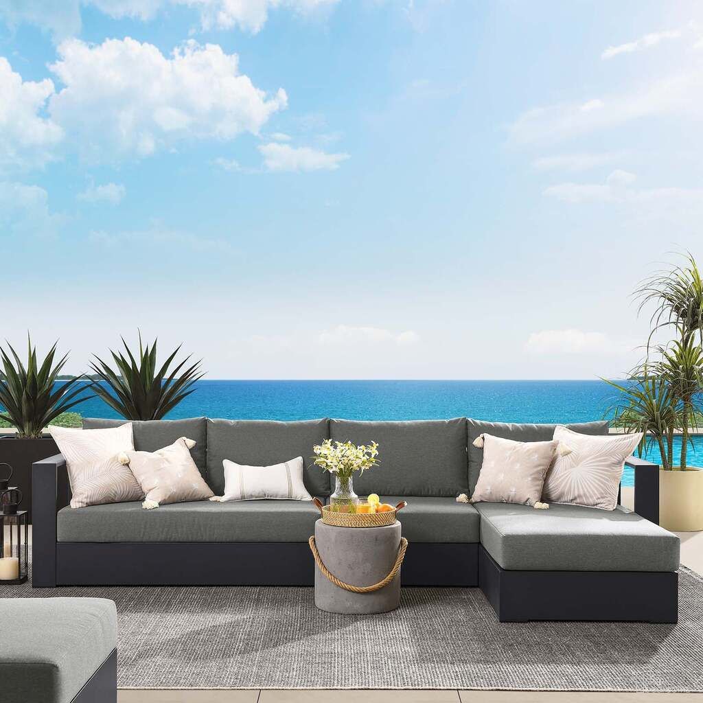 The appearance of Tahoe Outdoor Patio Powder Coated Aluminum 3 Piece RAF Sectional Sofa Set In Gray and Charcoal designed by Modway in the modern / contemporary interior design. This grey and charcoal piece of furniture  was selected by 1StopBedrooms from Tahoe Collection to add a touch of cosiness and style into your home. Sku: EEI-6628-GRY-CHA;EEI-6629-GRY-CHA;EEI-6633-GRY-CHA. Material: Wood.