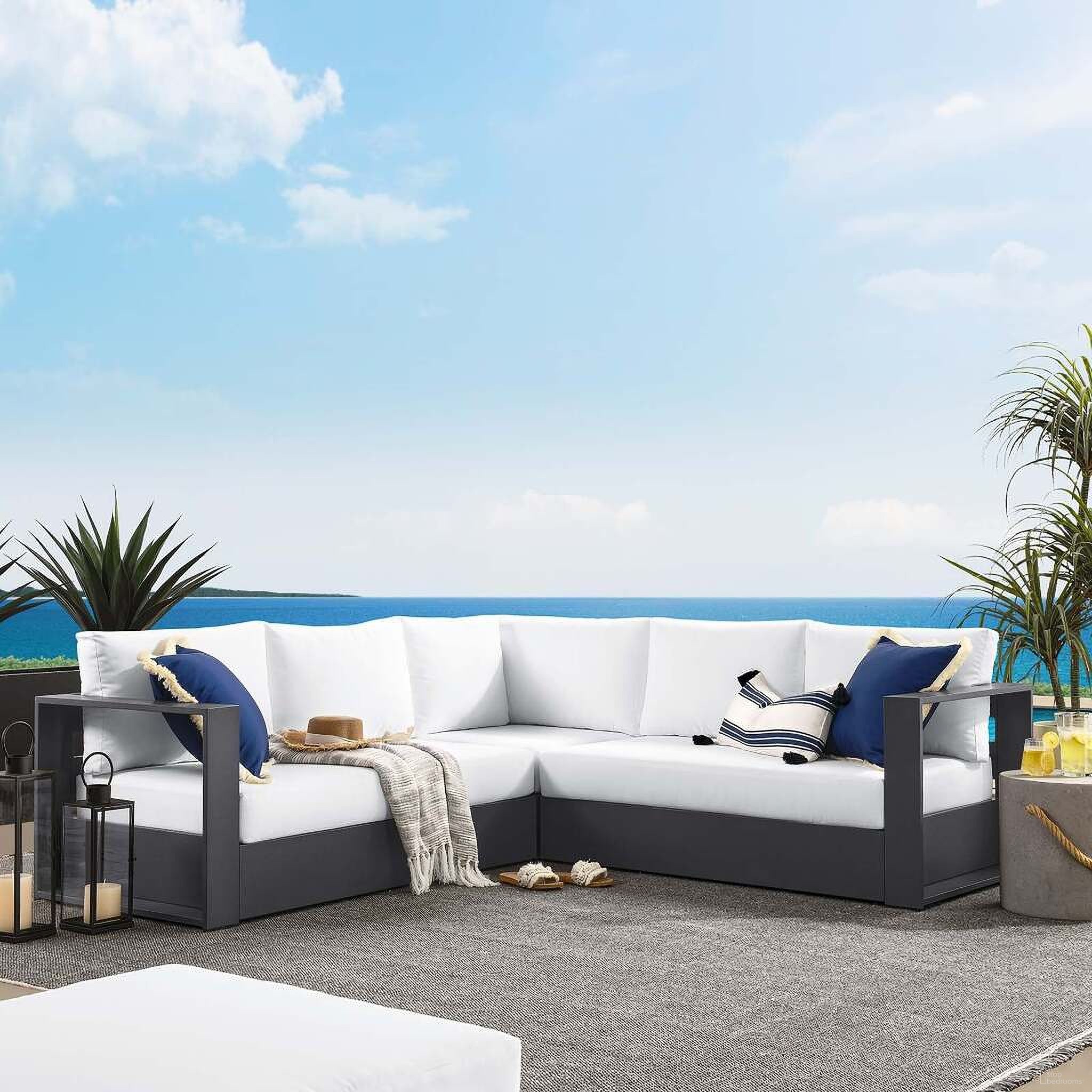 The appearance of Tahoe Outdoor Patio Powder Coated Aluminum 3 Piece Sectional Sofa Set In Gray and White designed by Modway in the modern / contemporary interior design. This gray and white piece of furniture was selected by 1StopBedrooms from Tahoe Collection to add a touch of cosiness and style into your home. Sku: EEI-6629-GRY-WHI;EEI-6630-GRY-WHI;EEI-6631-GRY-WHI. Material: Wood.