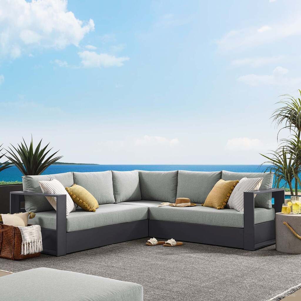 Tahoe Outdoor Patio Powder Coated Aluminum 3 Piece Sectional Sofa Set In Gray