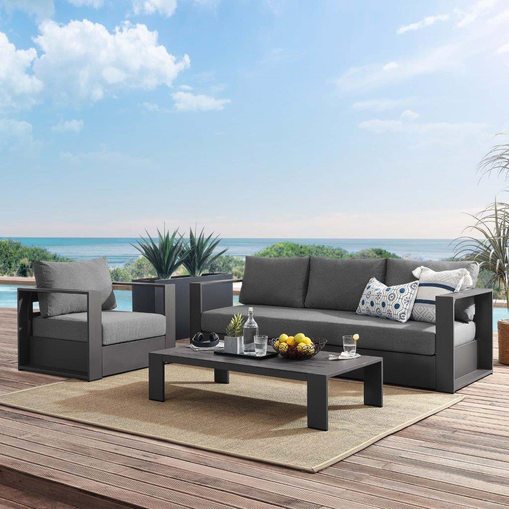 The appearance of Tahoe Outdoor Patio Powder-Coated Aluminum 3-Piece Set In Gray Charcoal designed by Modway in the modern / contemporary interior design. This gray charcoal piece of furniture was selected by 1StopBedrooms from Tahoe Collection to add a touch of cosiness and style into your home. Sku: EEI-5675-GRY-CHA;EEI-5676-GRY-CHA;EEI-5677-GRY. Material: Stainless Steel.