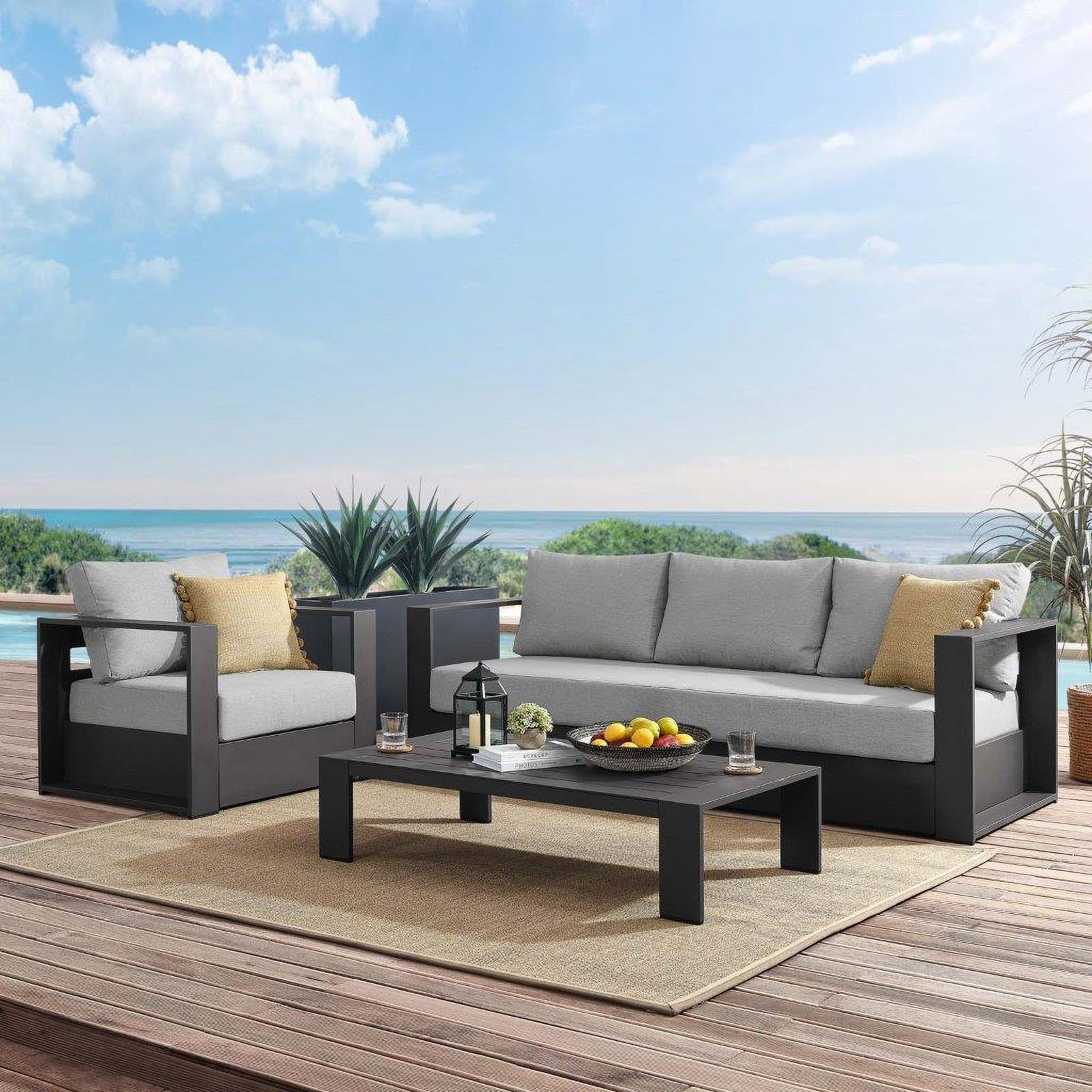 The appearance of Tahoe Outdoor Patio Powder-Coated Aluminum 3-Piece Set In Gray designed by Modway in the modern / contemporary interior design. This gray piece of furniture  was selected by 1StopBedrooms from Tahoe Collection to add a touch of cosiness and style into your home. Sku: EEI-5675-GRY-GRY;EEI-5676-GRY-GRY;EEI-5677-GRY. Material: Stainless Steel.
